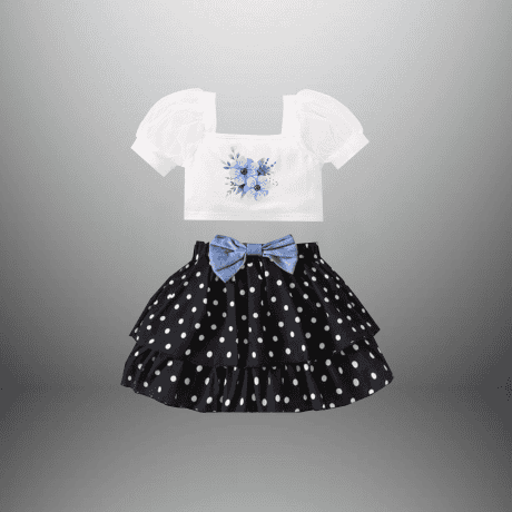 Girl's 2 piece set of white top with cute polka dot skirt - RKFCW574