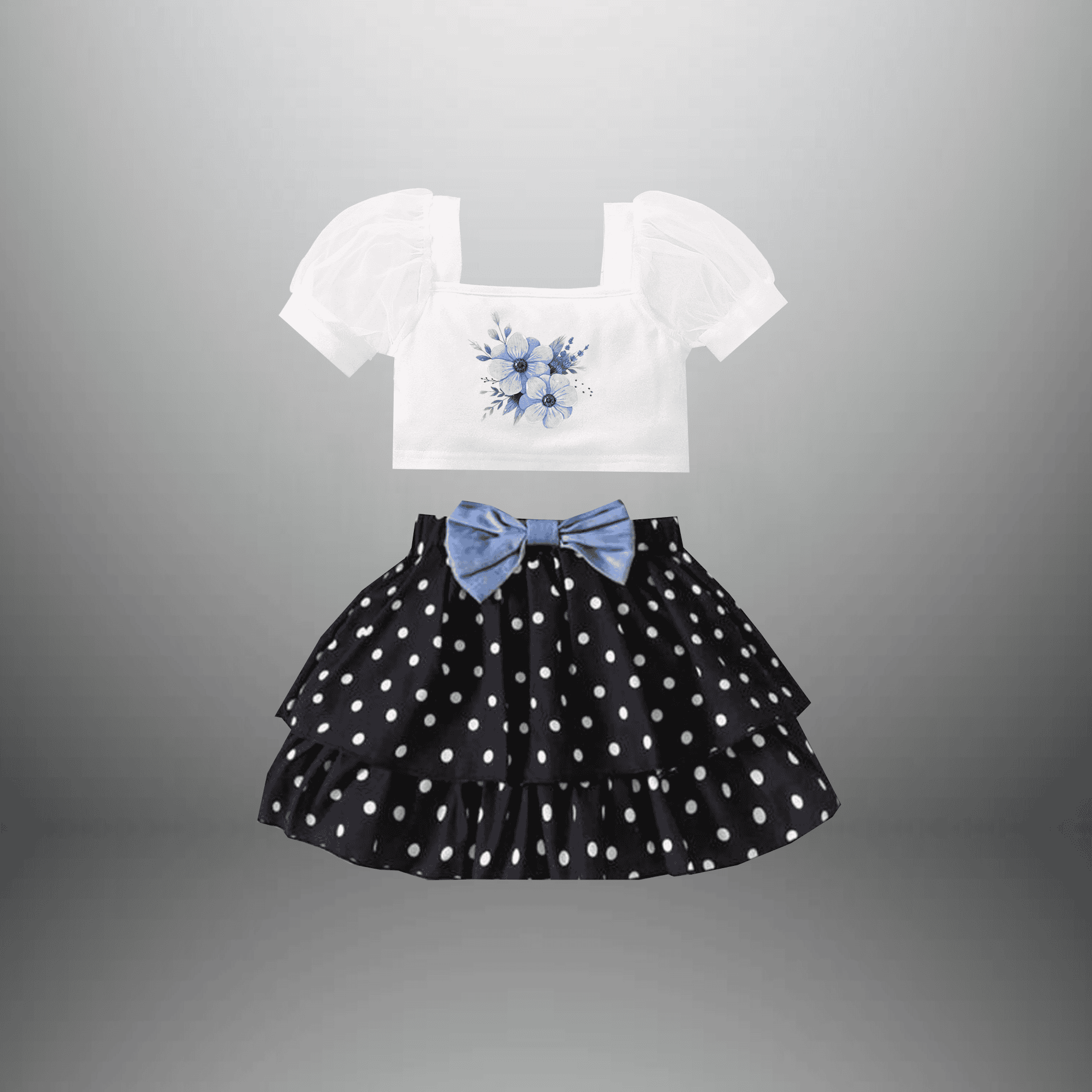 Girl's 2 piece set of  white top with cute polka dot skirt - RKFCW574