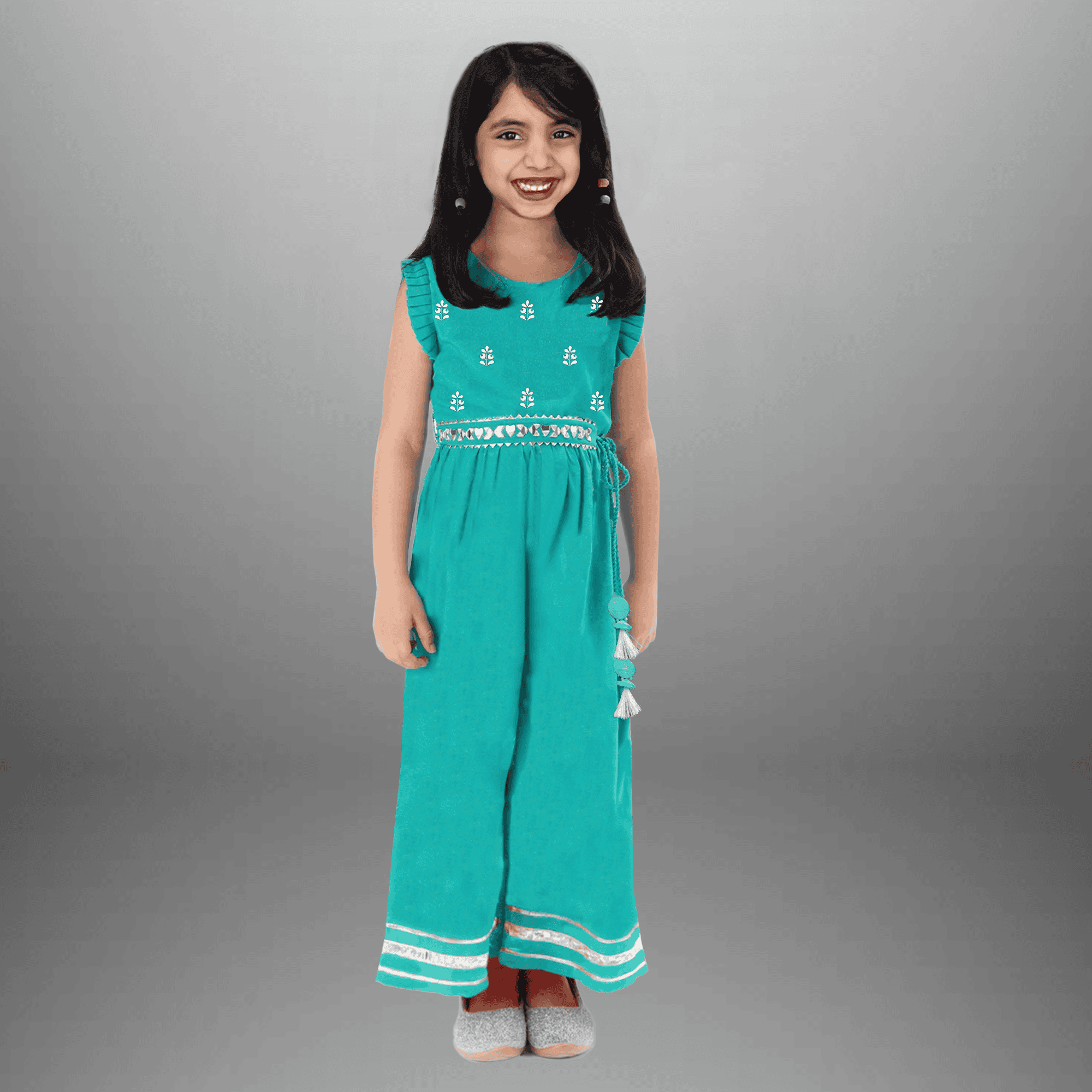 Girl's Indo western Caribbean Green jumpsuit with Frilled sleeves -RKFCW565
