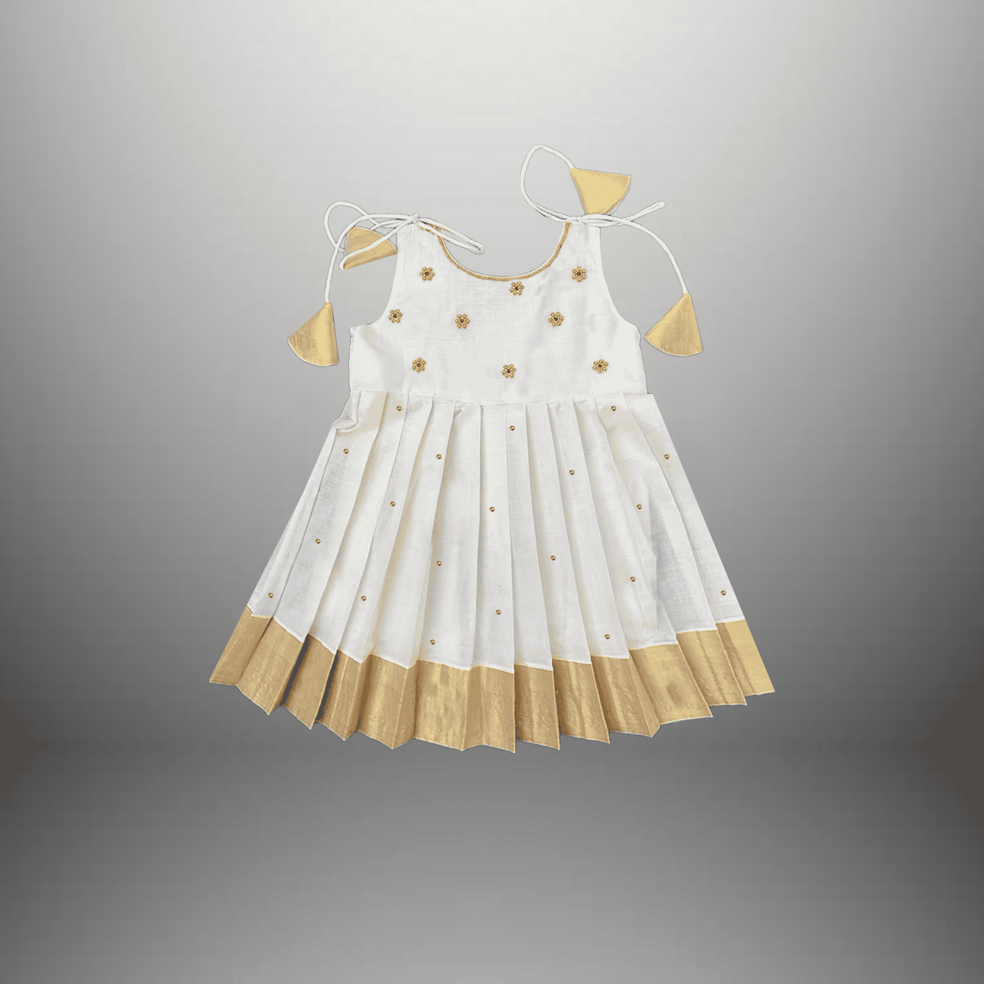 Girl's off white and golden kasavu cotton dress with shoulder tie - RKFCW568