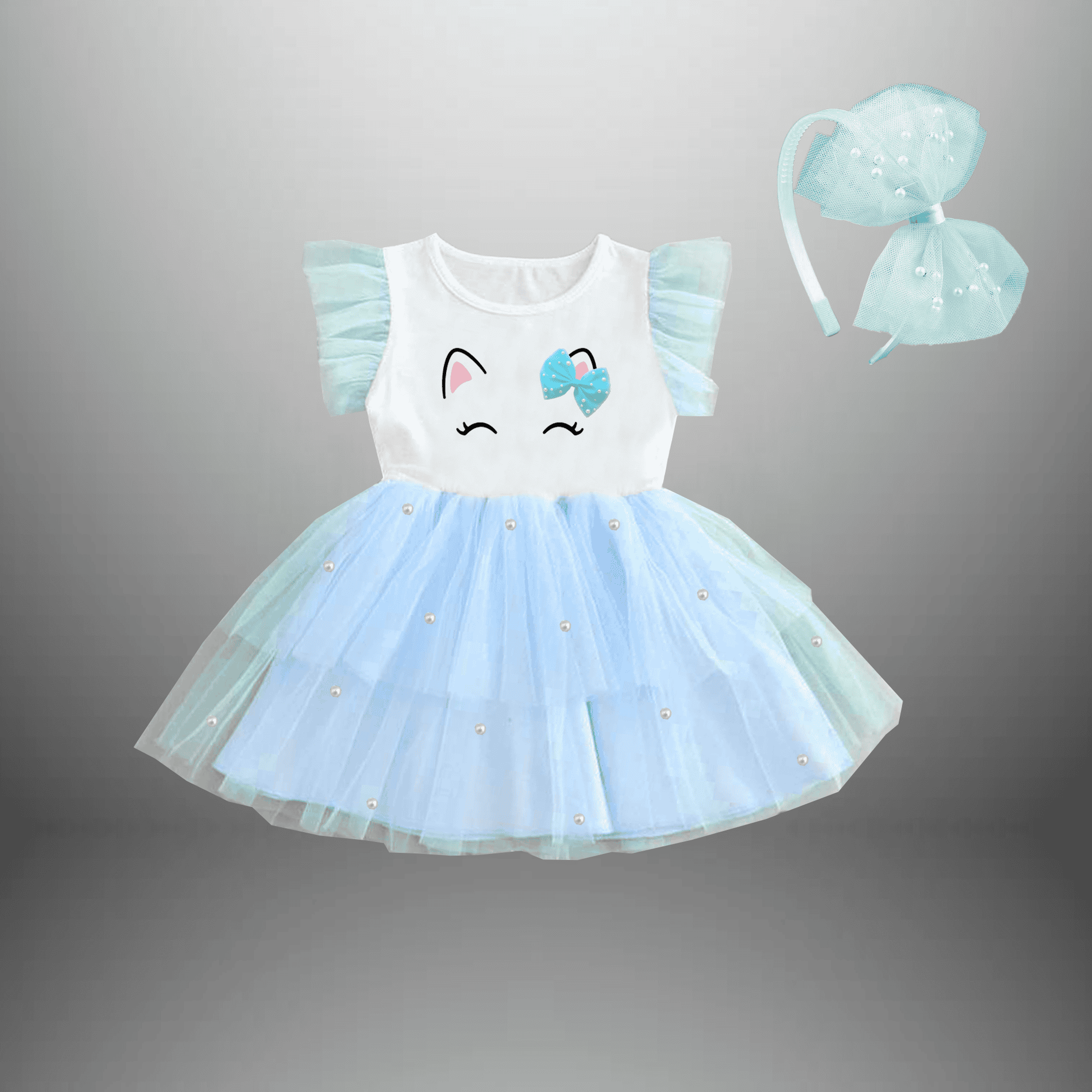 Girl's white and sky blue party dress with pearl embellishment and a free hair band- RKFCW575
