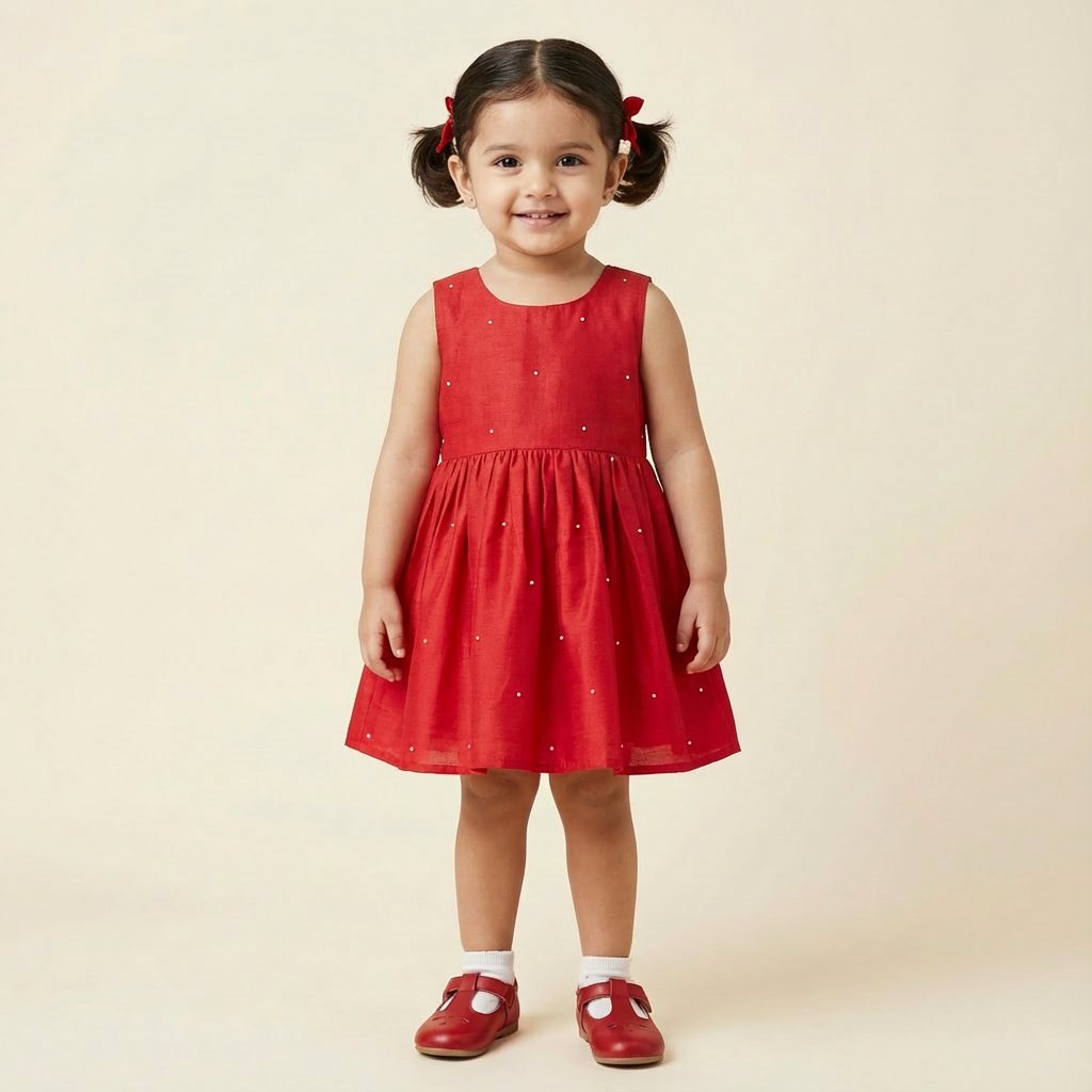 Girl's Two piece set of Olive gray Outer with Red sleeveless Flared Dress-RKFCW563 - Image 7