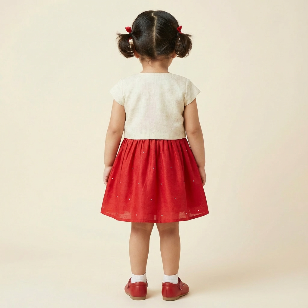 Girl's Two piece set of Olive gray Outer with Red sleeveless Flared Dress-RKFCW563 - Image 4