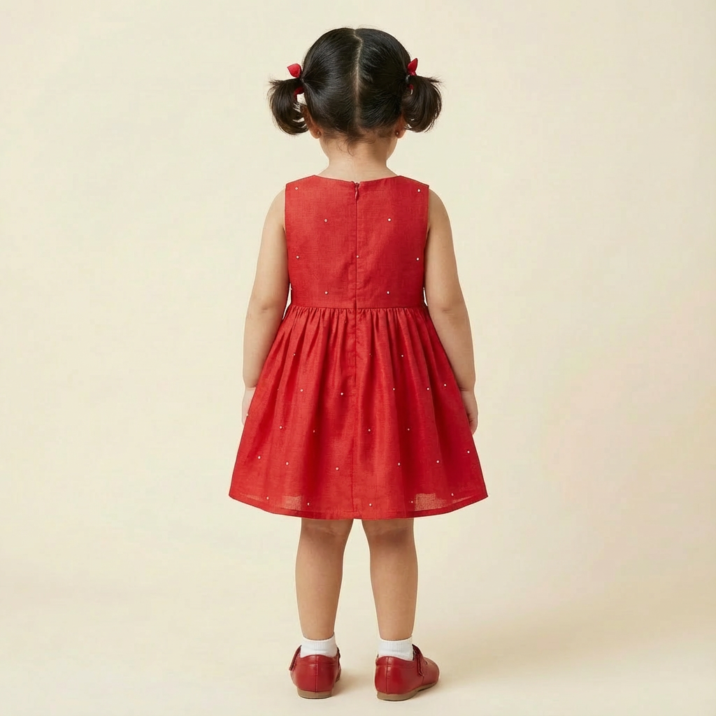 Girl's Two piece set of Olive gray Outer with Red sleeveless Flared Dress-RKFCW563 - Image 5