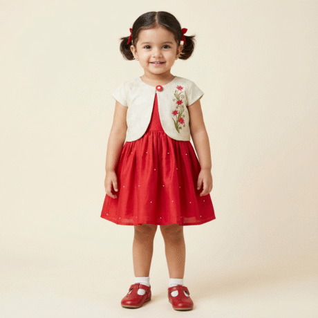 Girl's Two piece set of  Olive gray Outer with Red sleeveless Flared Dress-RKFCW563