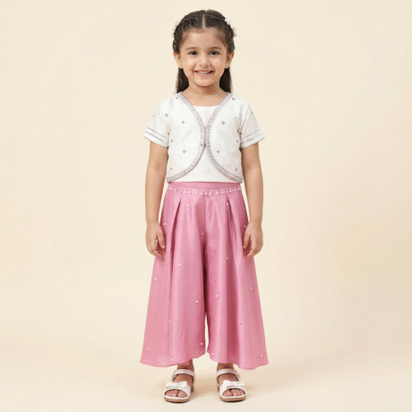 Girl's Two piece set of  Pink Pleated Palazzo with Off White Blouson Crop Top-RKFCW564