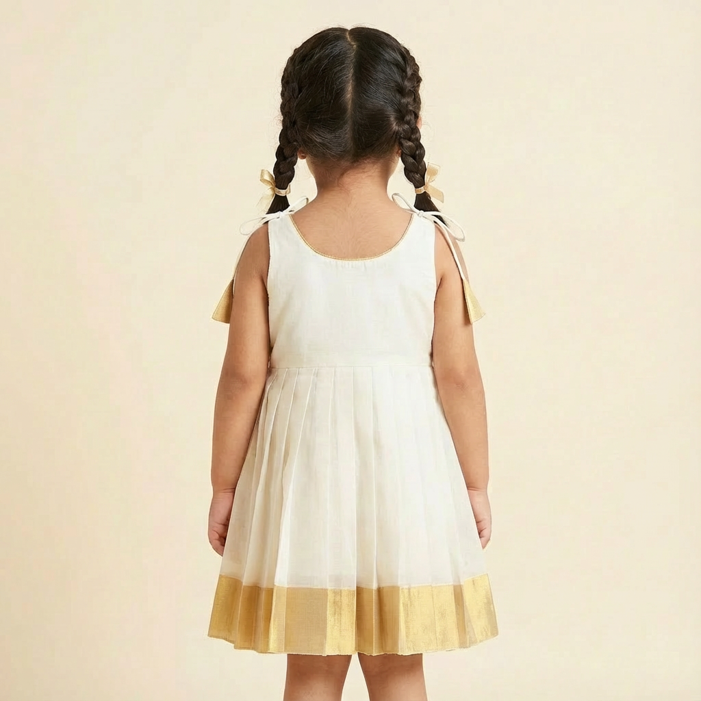 Girl's off white and golden kasavu cotton dress with shoulder tie - RKFCW568 - Image 4