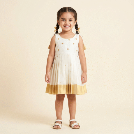 Girl's off white and golden kasavu cotton dress with shoulder tie - RKFCW568