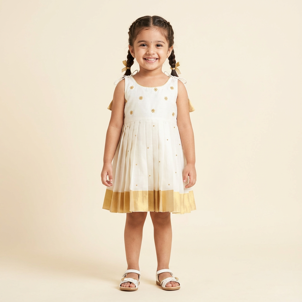 Girl's off white and golden kasavu cotton dress with shoulder tie - RKFCW568