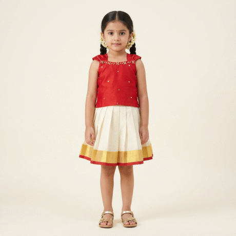 Girl's long skirt and pretty red blouse for festive look-RKFCW569