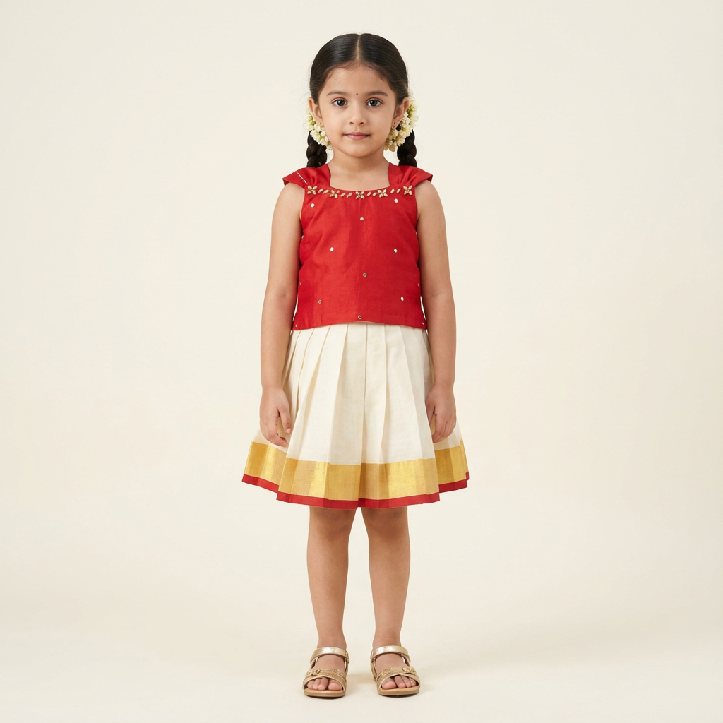 Girl's long skirt and pretty red blouse for festive look-RKFCW569