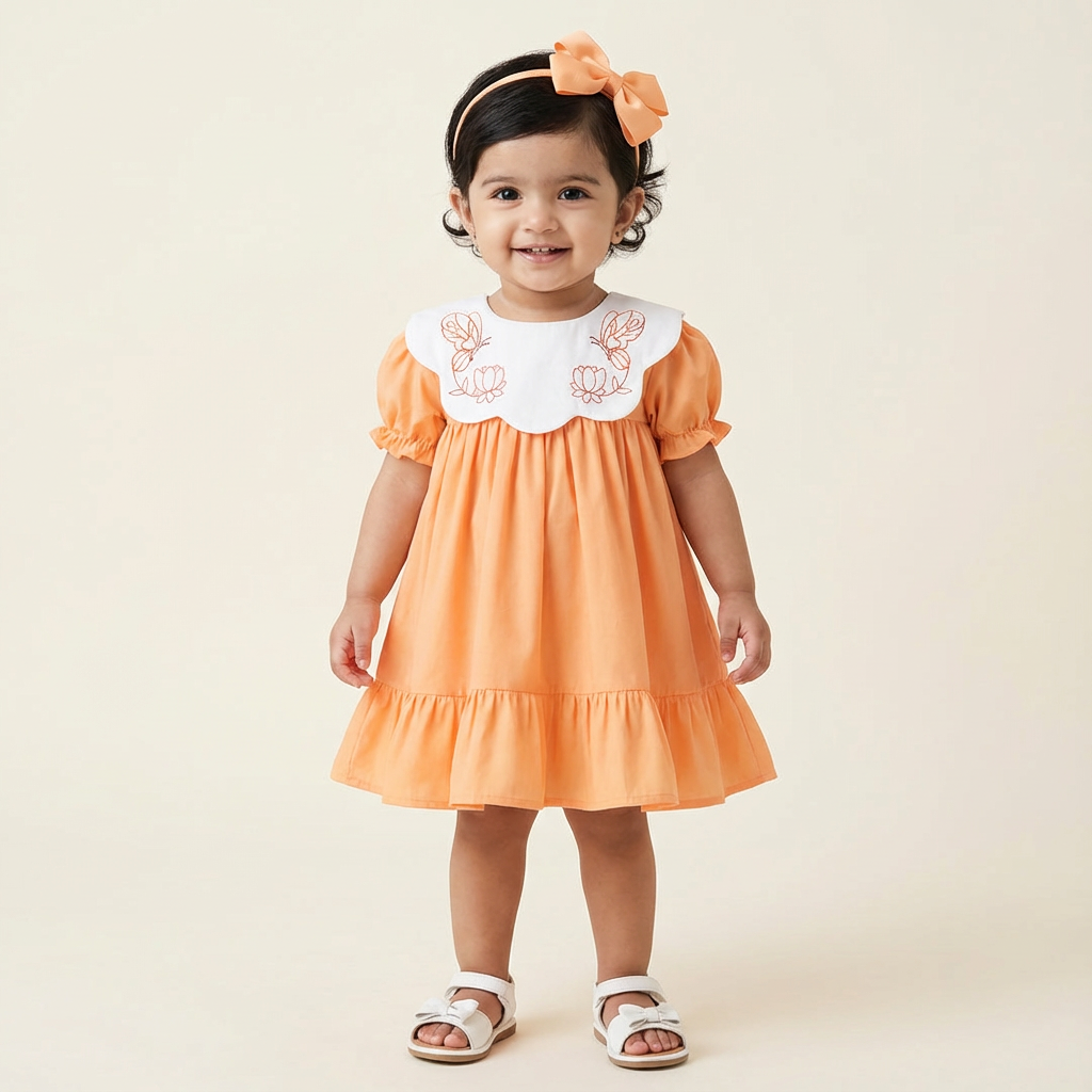 Girl's peach colour casual dress with a free hairband - RKFCW572