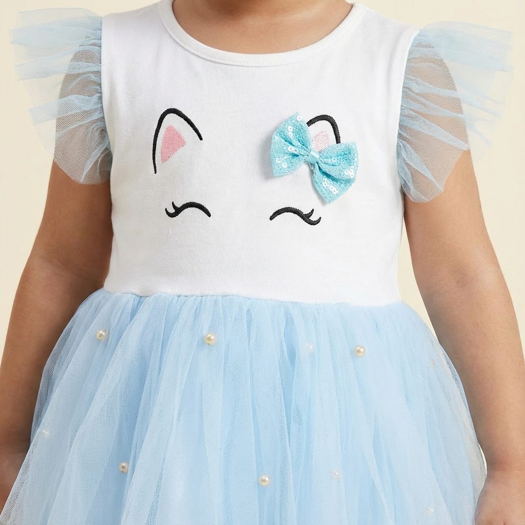 Girl's white and sky blue party dress with pearl embellishment and a free hair band- RKFCW575 - Image 5