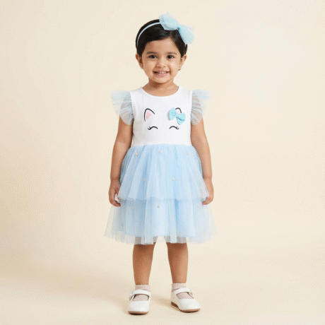 Girl's white and sky blue party dress with pearl embellishment and a free hair band- RKFCW575