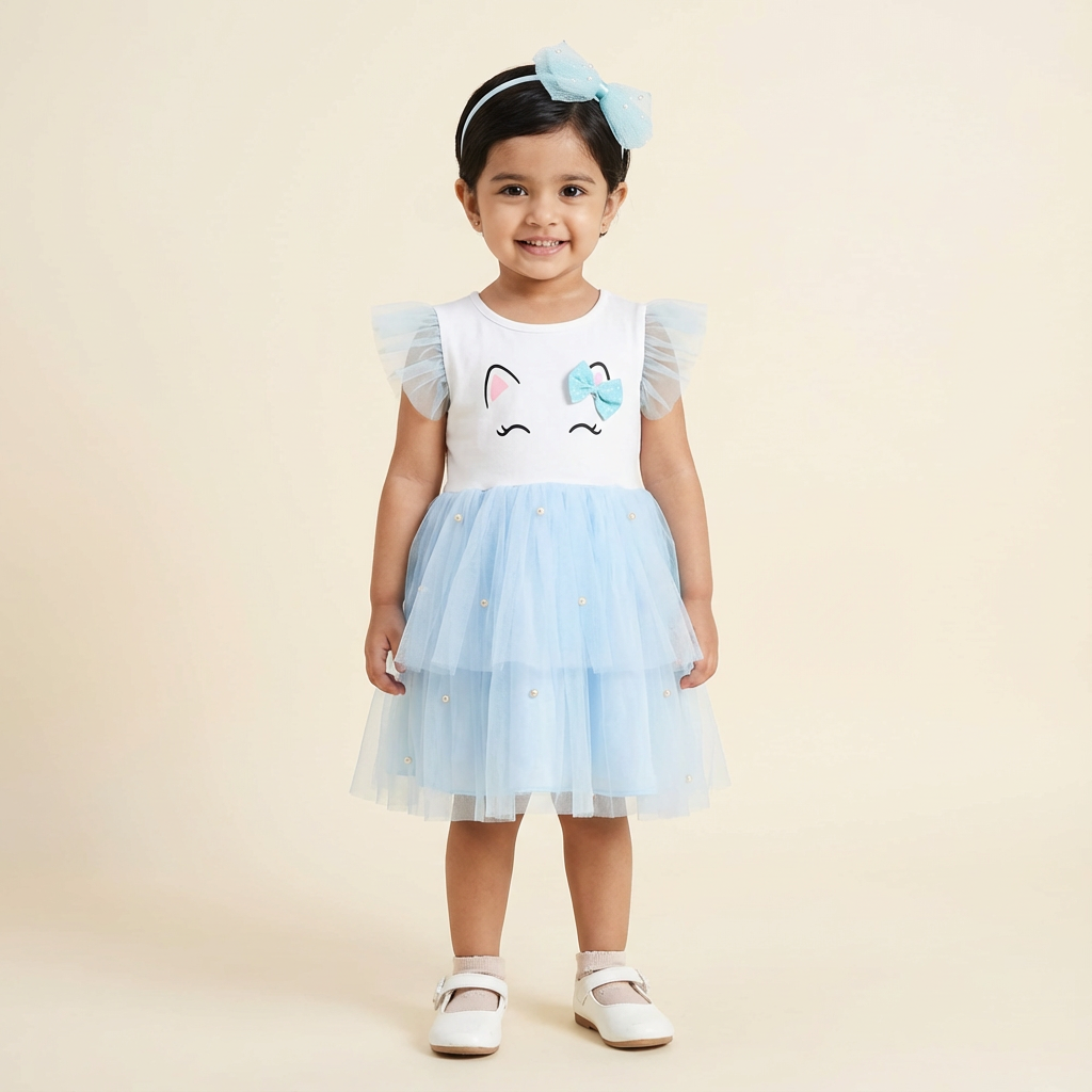 Girl's white and sky blue party dress with pearl embellishment and a free hair band- RKFCW575