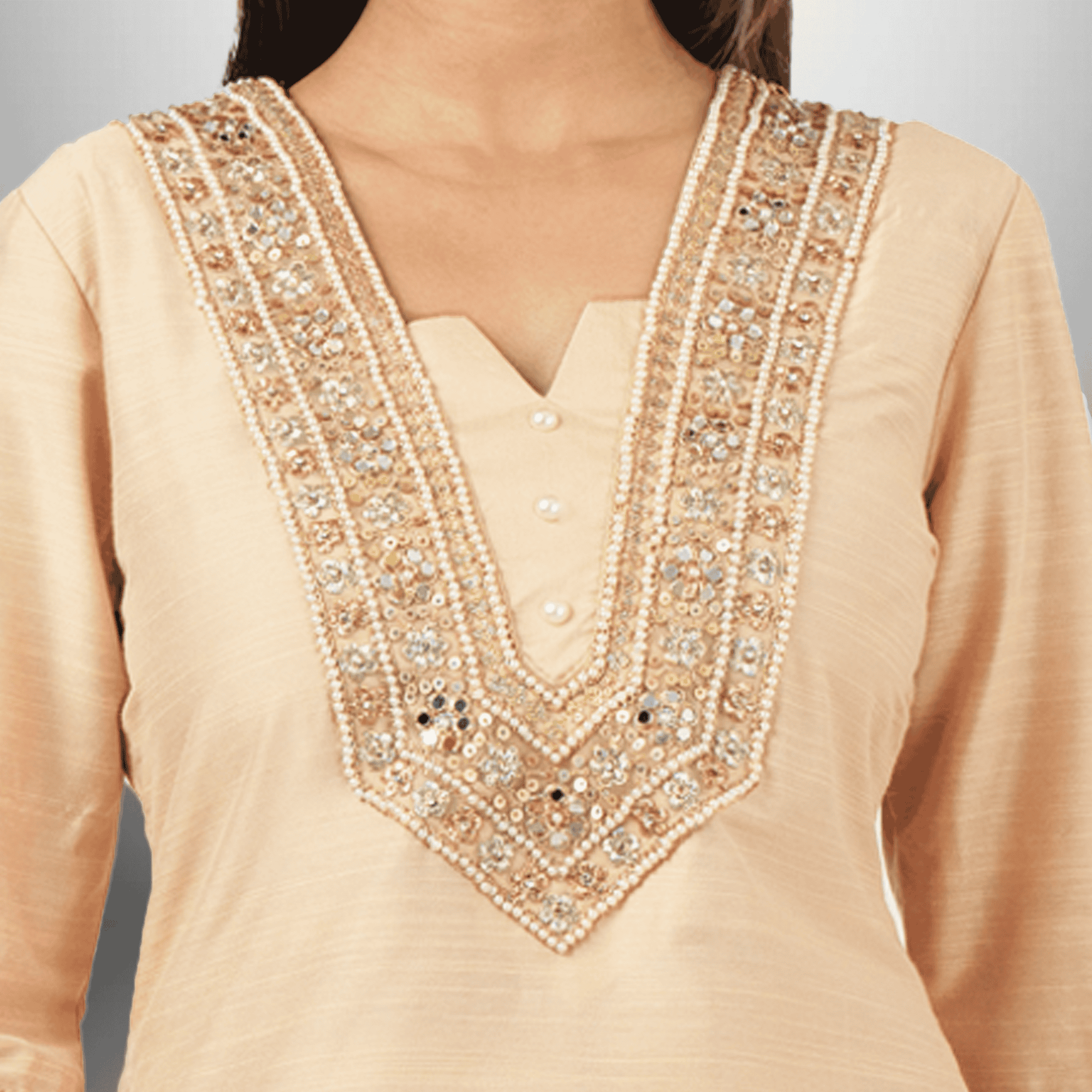 Women's Beige Kurti with Embroidered neck Patch and  bell sleeves with Bottom-RWKS094