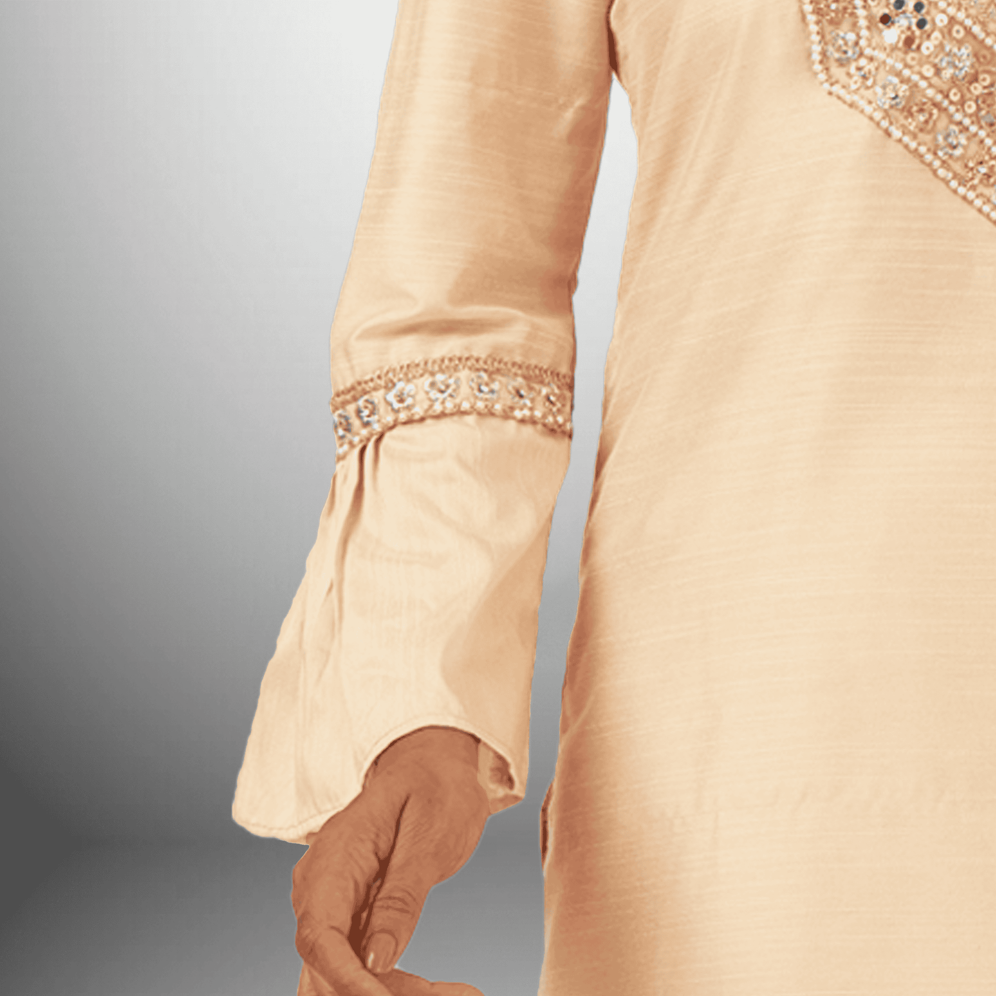 Women's Beige Kurti with Embroidered neck Patch and  bell sleeves with Bottom-RWKS094