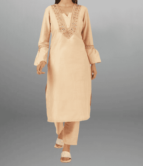 Women's Beige Kurti with Embroidered neck Patch and  bell sleeves with Bottom-RWKS094