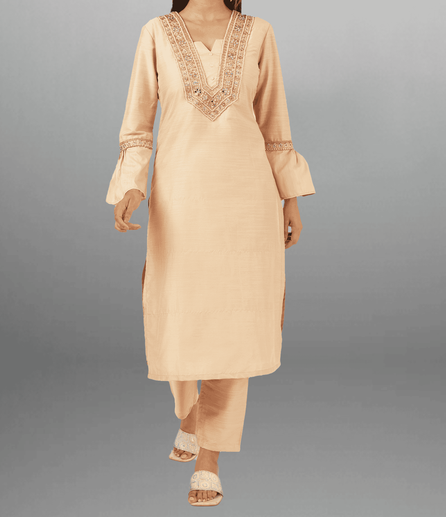 Women's Beige Kurti with Embroidered neck Patch and  bell sleeves with Bottom-RWKS094