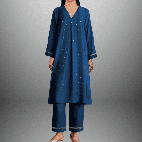 Women's Blue colored sequince & lace embellished Kurti with pant -RWKS090