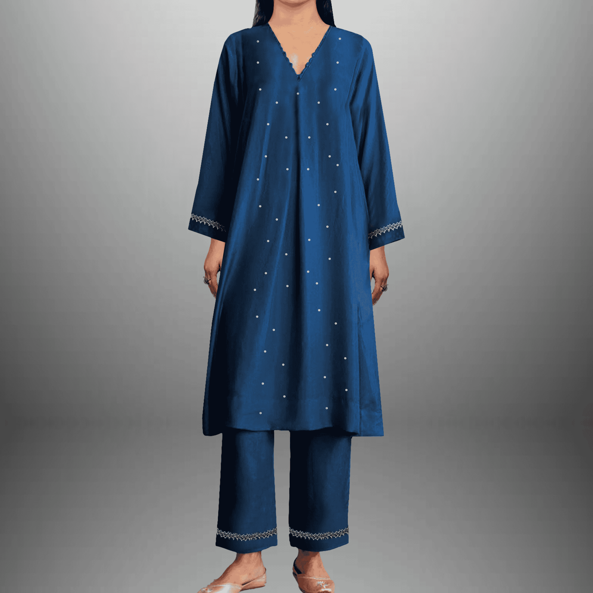 Women's Blue colored sequince & lace embellished Kurti with pant -RWKS090