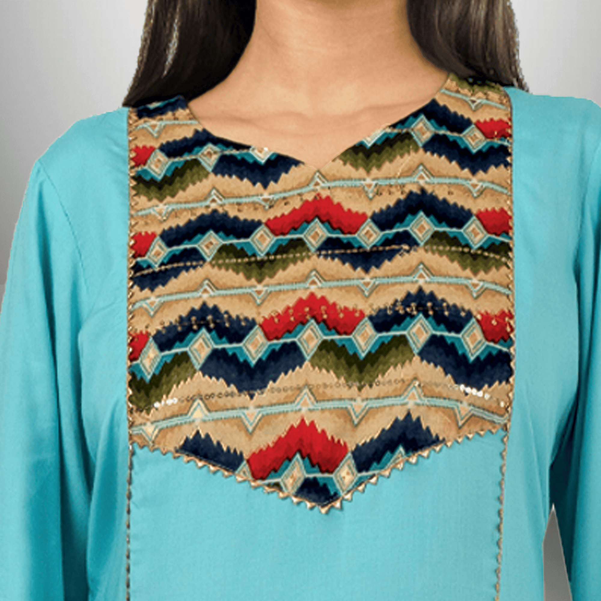 Women's Cyan Blue Cut and Sew  Kurti Set with Embroidered Fabric Patch -RWKS101