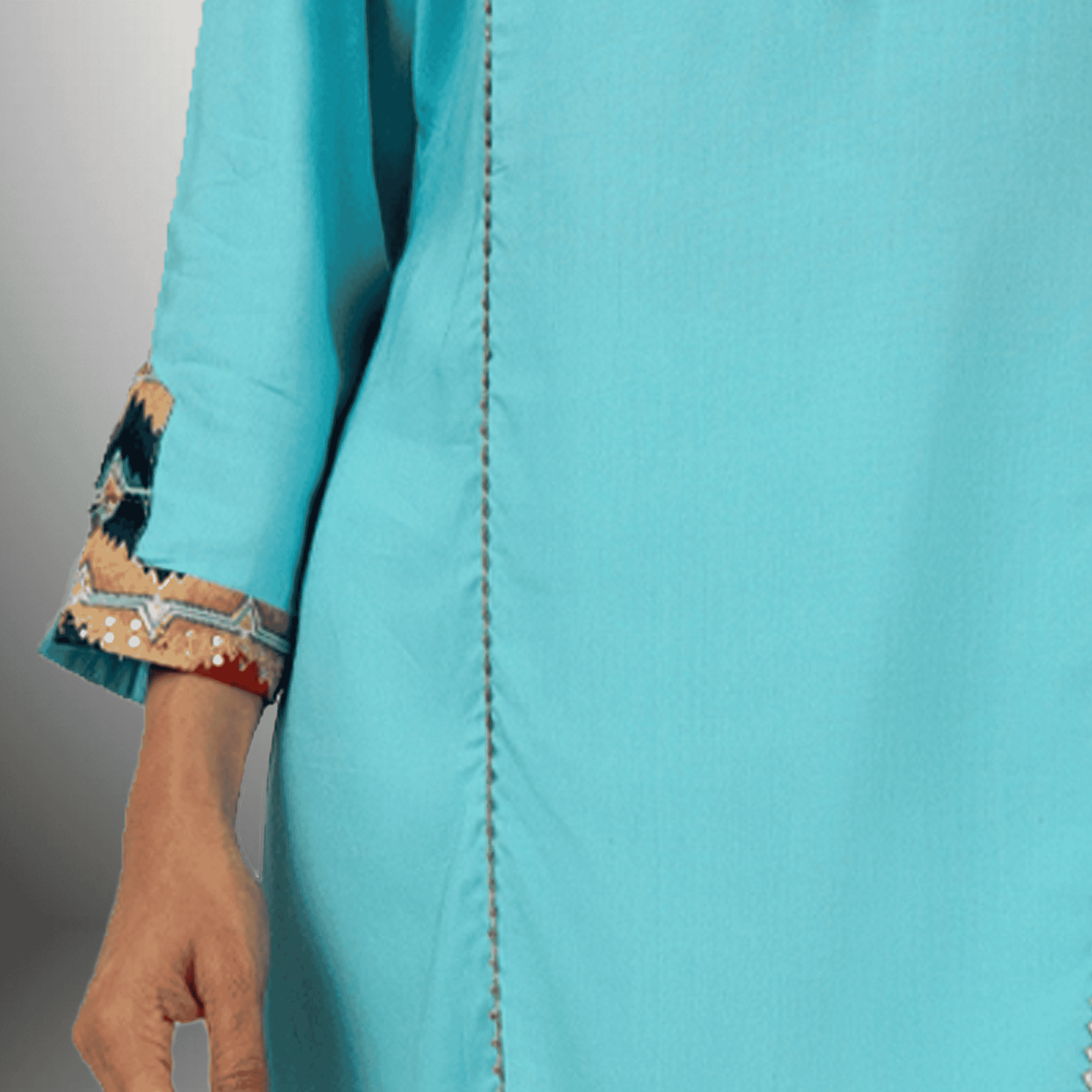 Women's Cyan Blue Cut and Sew  Kurti Set with Embroidered Fabric Patch -RWKS101