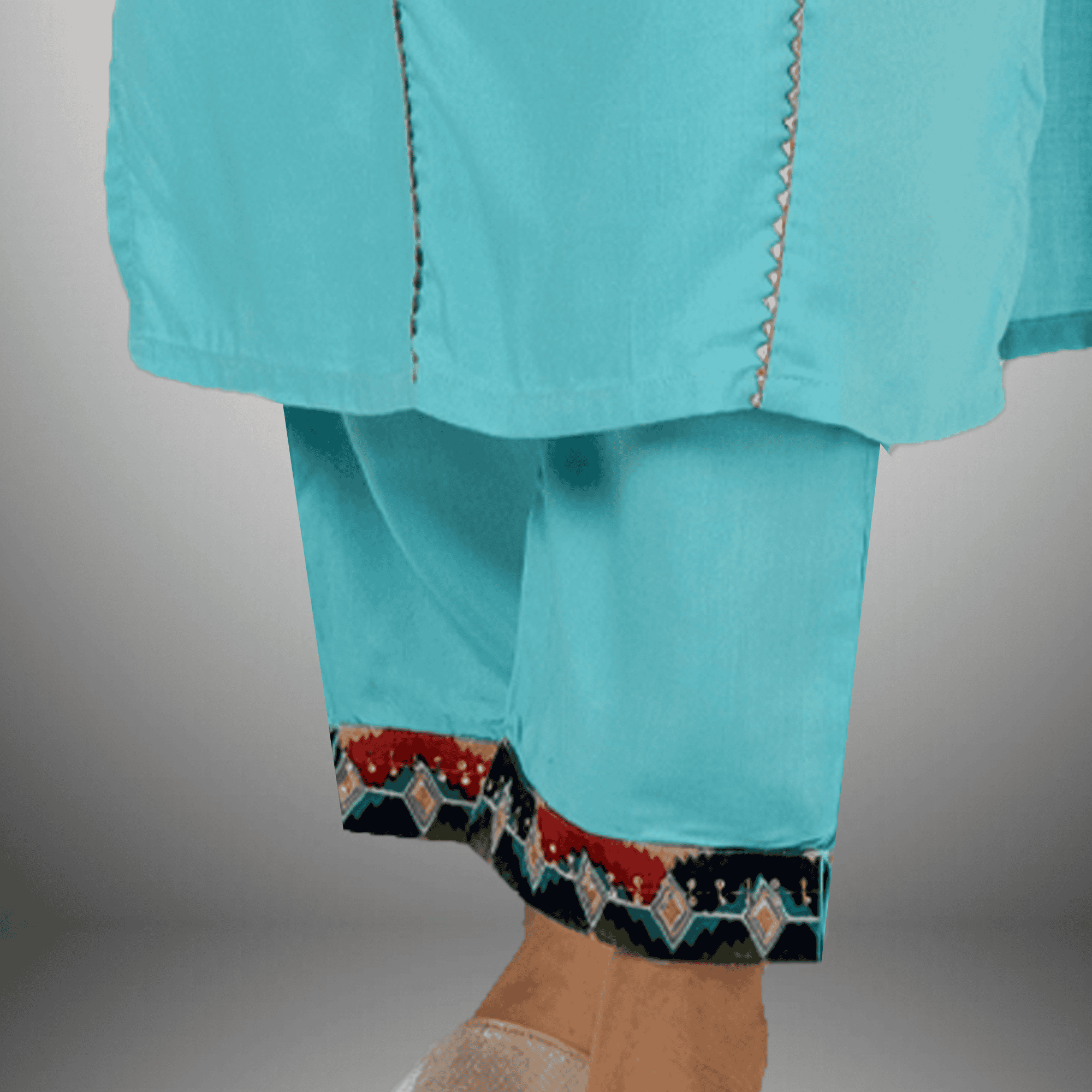 Women's Cyan Blue Cut and Sew  Kurti Set with Embroidered Fabric Patch -RWKS101