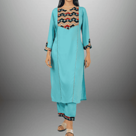 Women's Cyan Blue Cut and Sew  Kurti Set with Embroidered Fabric Patch -RWKS101
