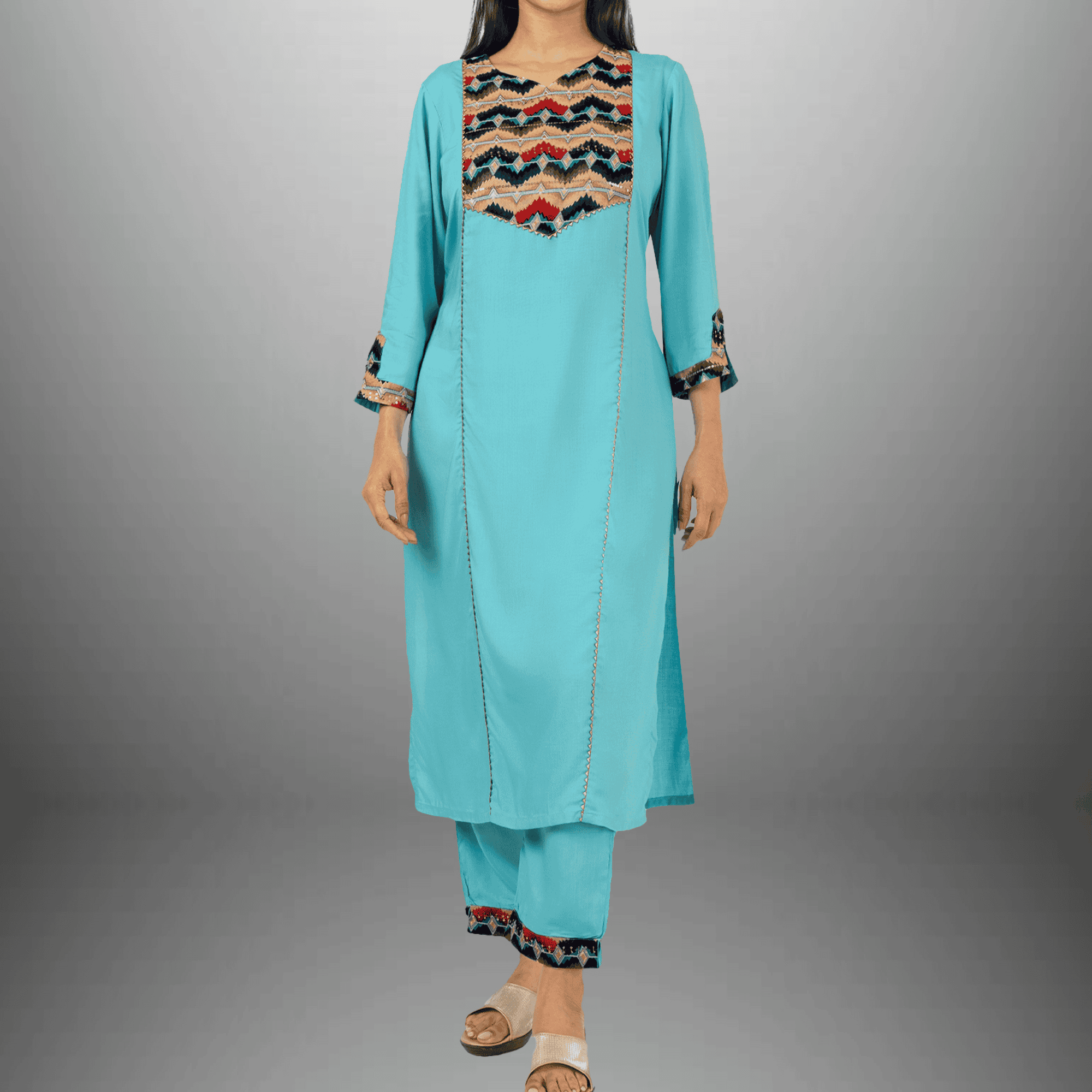 Women's Cyan Blue Cut and Sew  Kurti Set with Embroidered Fabric Patch -RWKS101