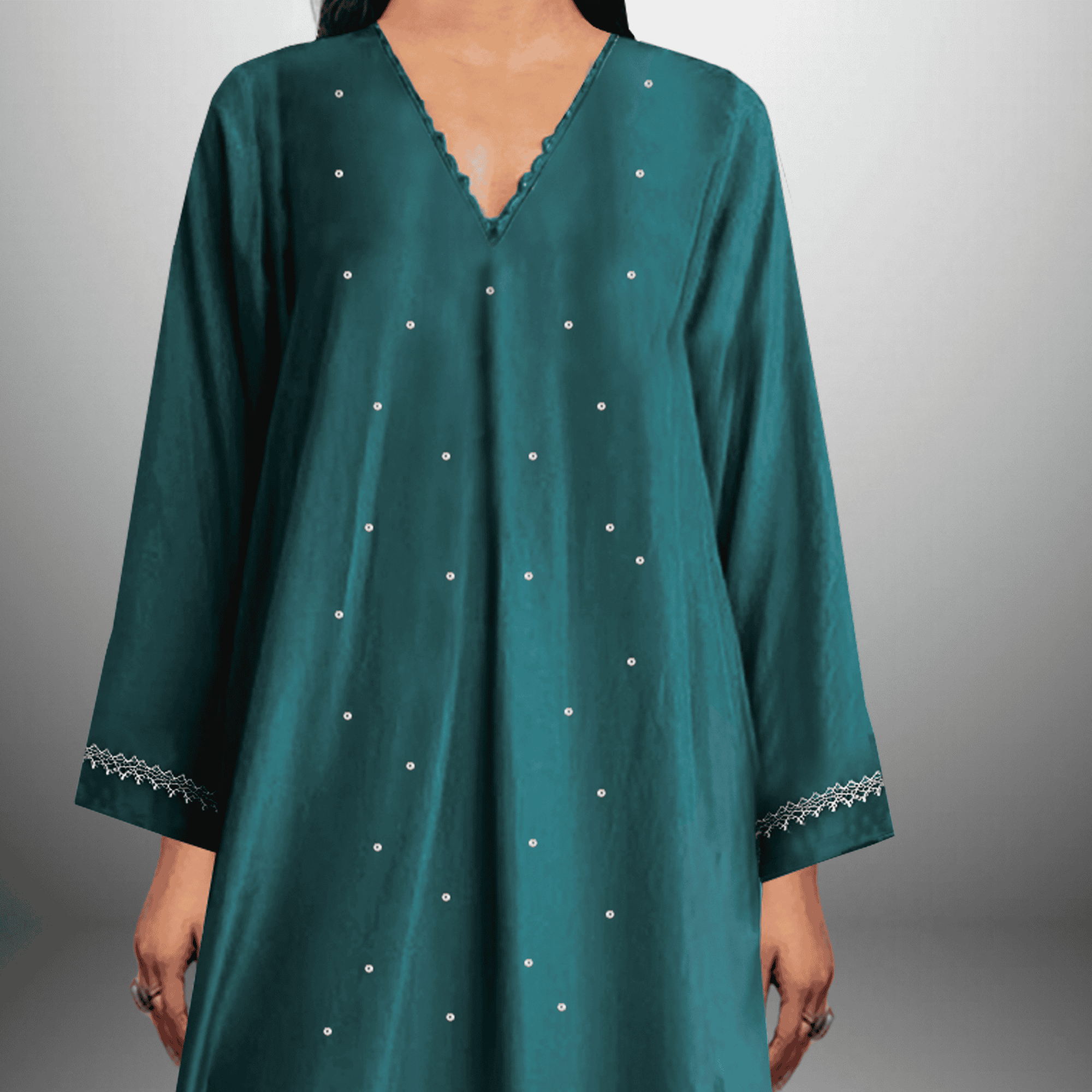Women's Green colored sequince & lace embellished Kurti with pant -RWKS091