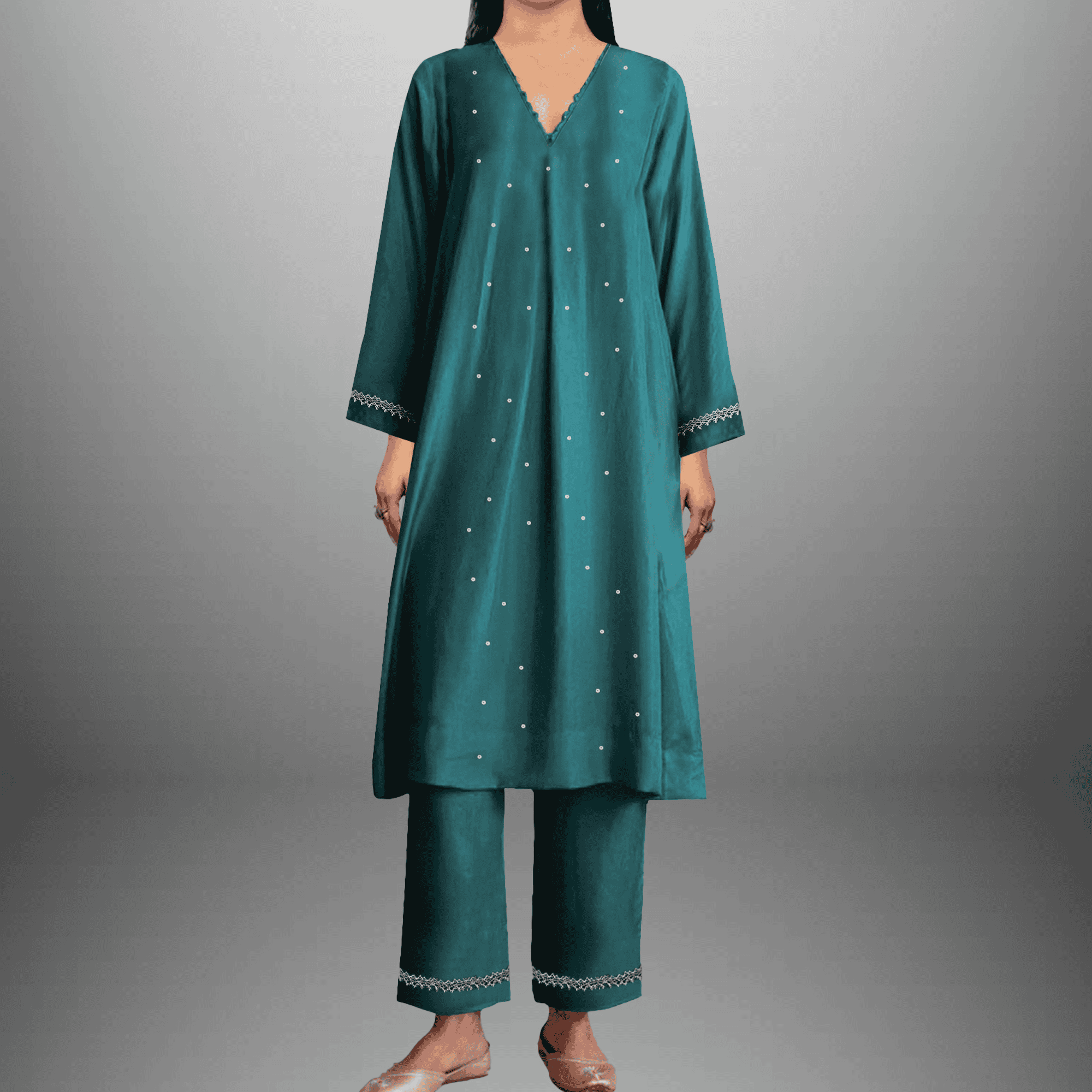 Women's Green colored sequince & lace embellished Kurti with pant -RWKS091