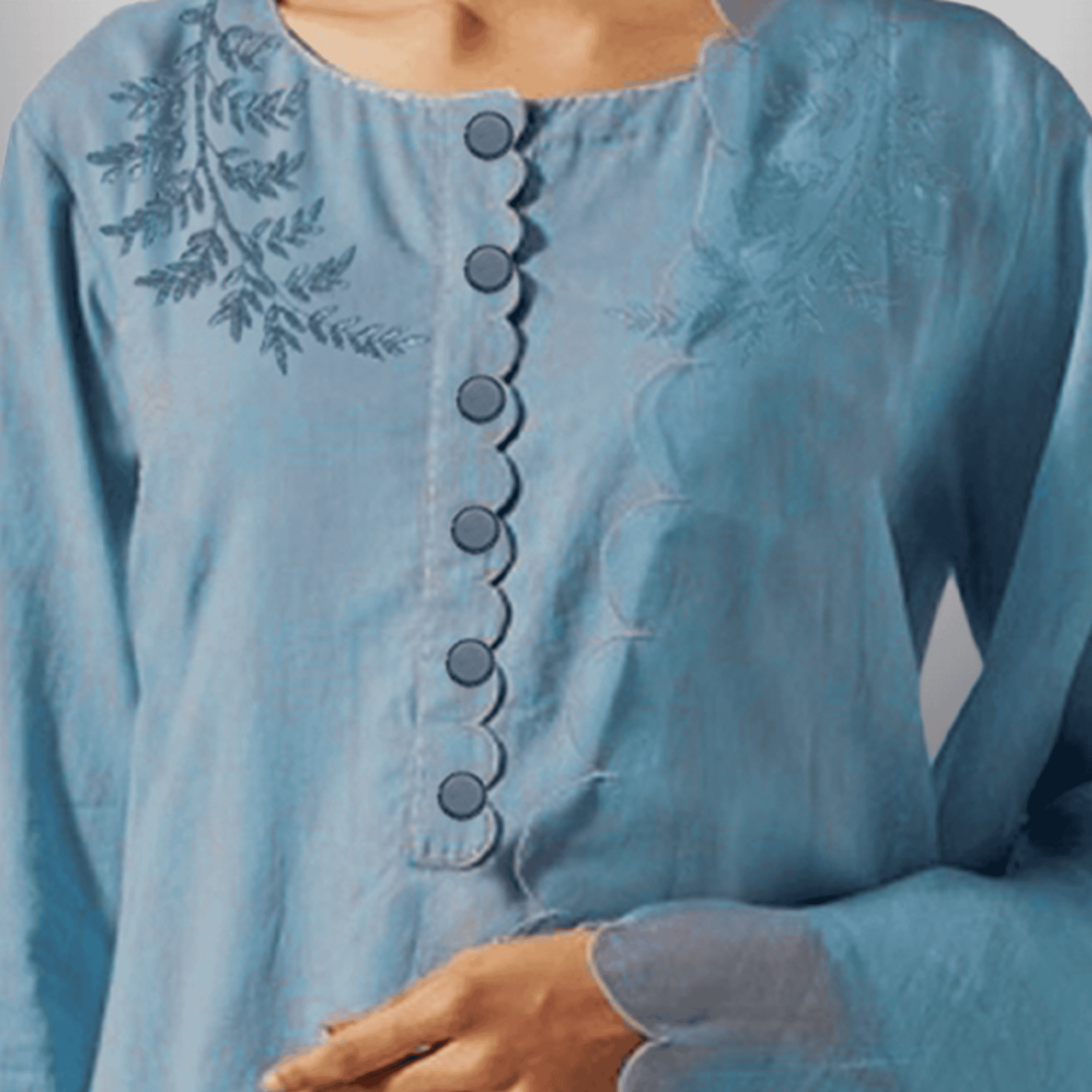 Women's Ice-Blue Calf length Kurti with Front embroidery and Scalloped dupatta with Pant-RWKS092