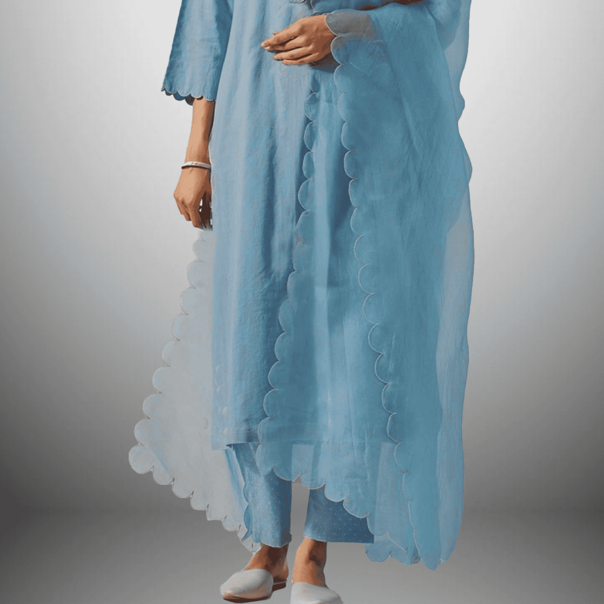 Women's Ice-Blue Calf length Kurti with Front embroidery and Scalloped dupatta with Pant-RWKS092