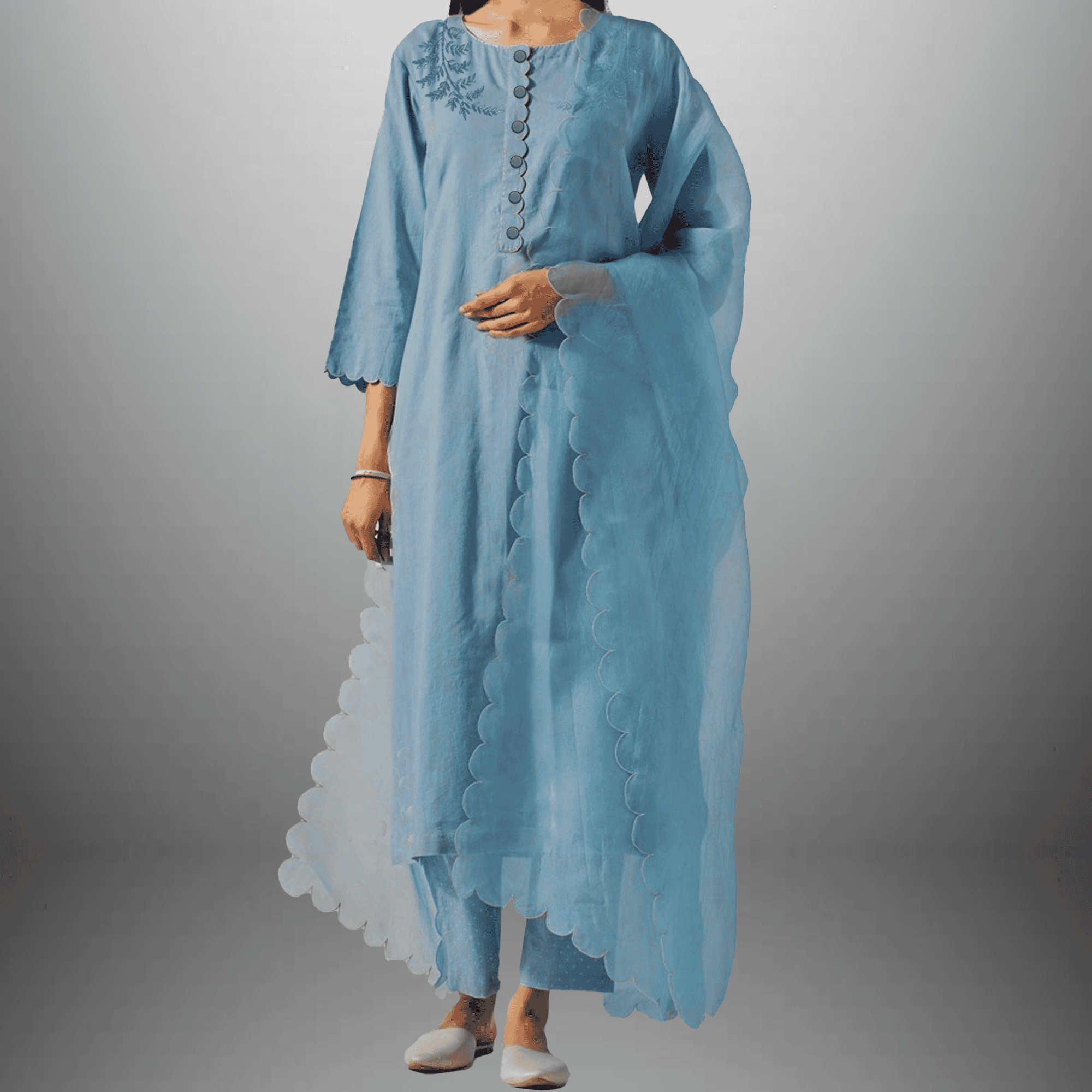 Women's Ice-Blue Calf length Kurti with Front embroidery and Scalloped dupatta with Pant-RWKS092