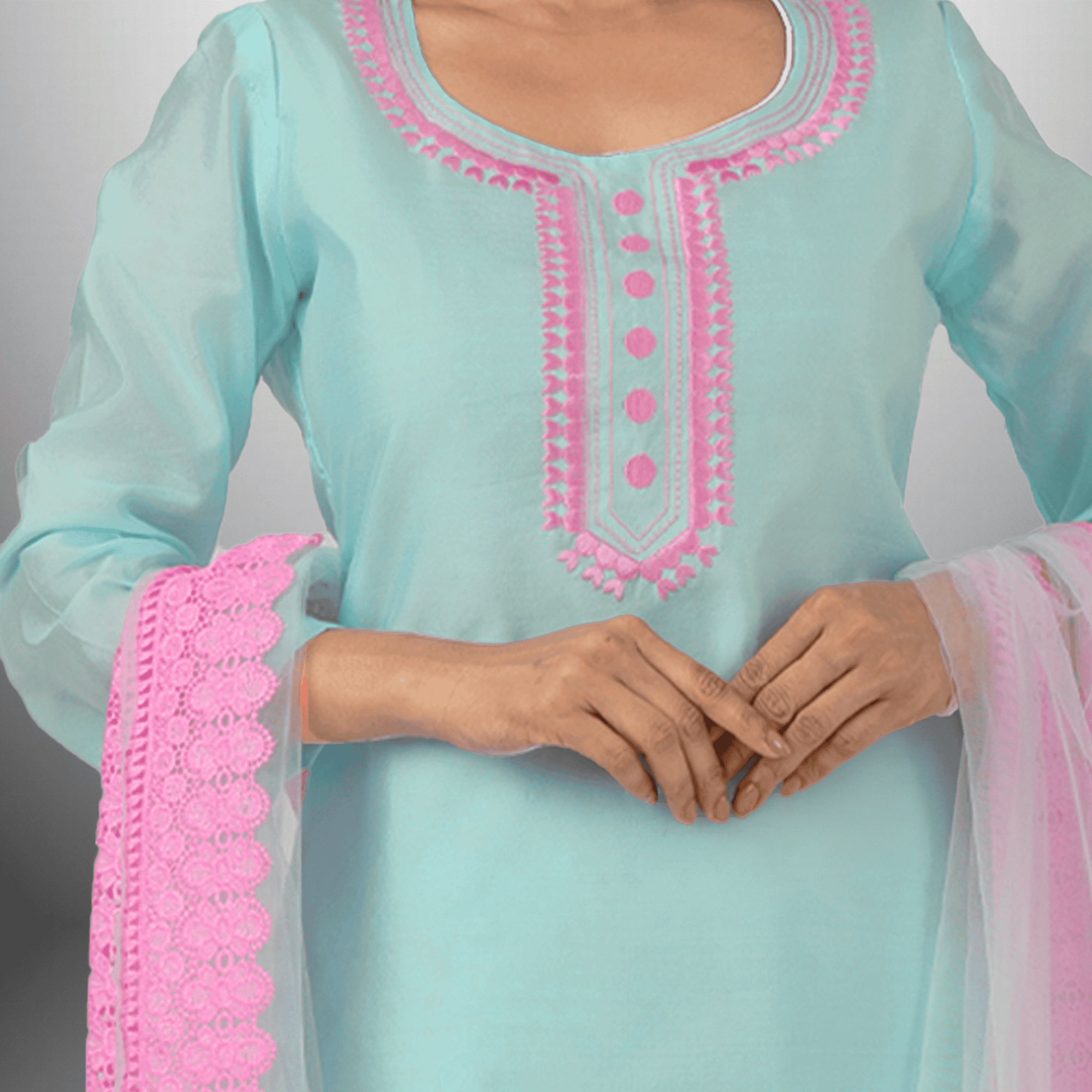 Women's Ice-Blue Kurti with Front embroidery and Contrast laced dupatta with Pant-RWKS100