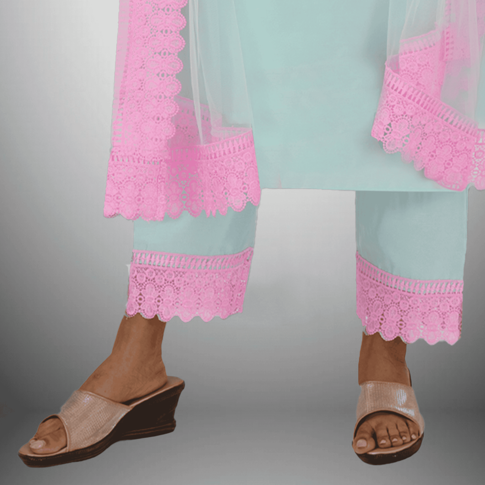 Women's Ice-Blue Kurti with Front embroidery and Contrast laced dupatta with Pant-RWKS100