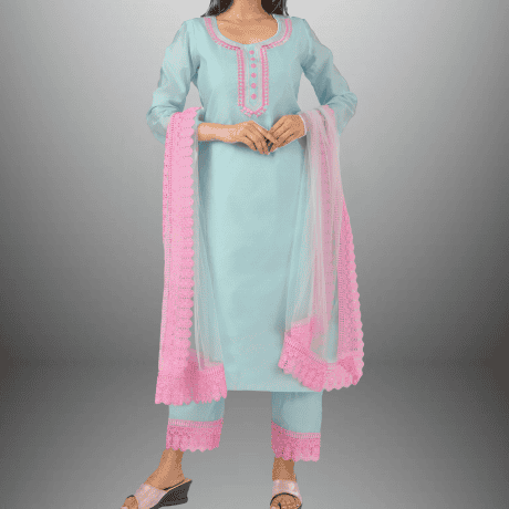 Women's Ice-Blue Kurti with Front embroidery and Contrast laced dupatta with Pant-RWKS100