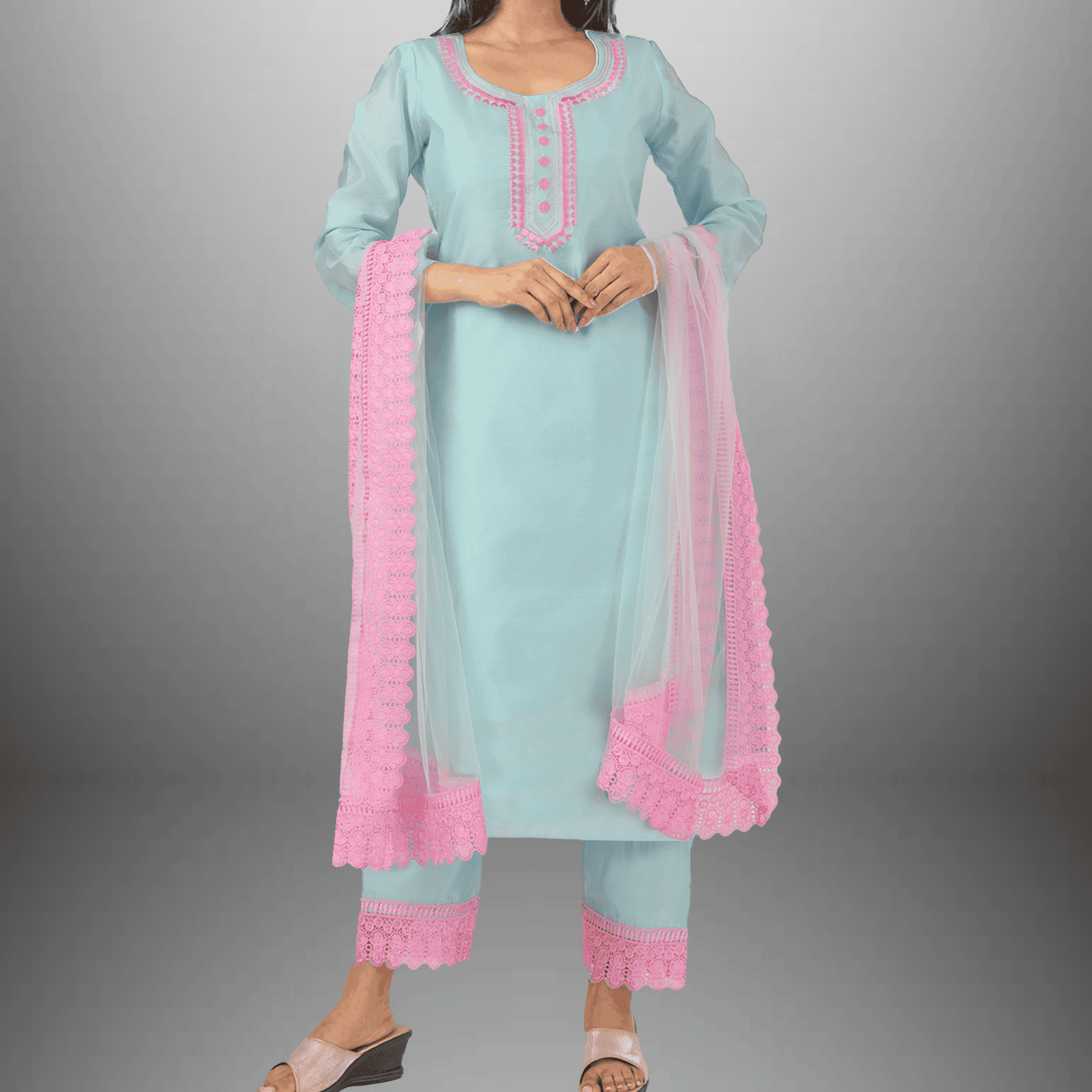 Women's Ice-Blue Kurti with Front embroidery and Contrast laced dupatta with Pant-RWKS100