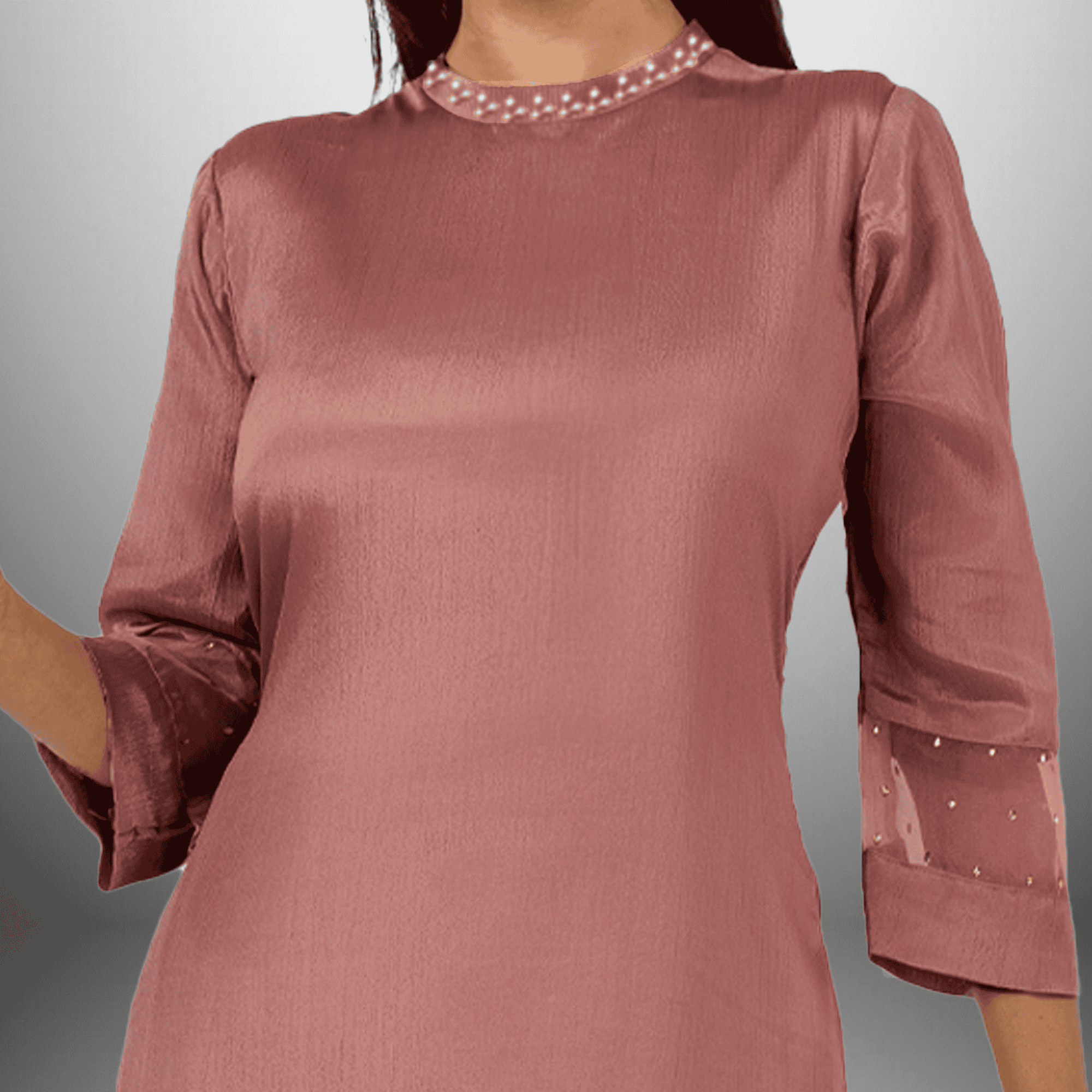 Women's  Light Mahogany Pearl neckline embellished kurti with Pant - RWKS105