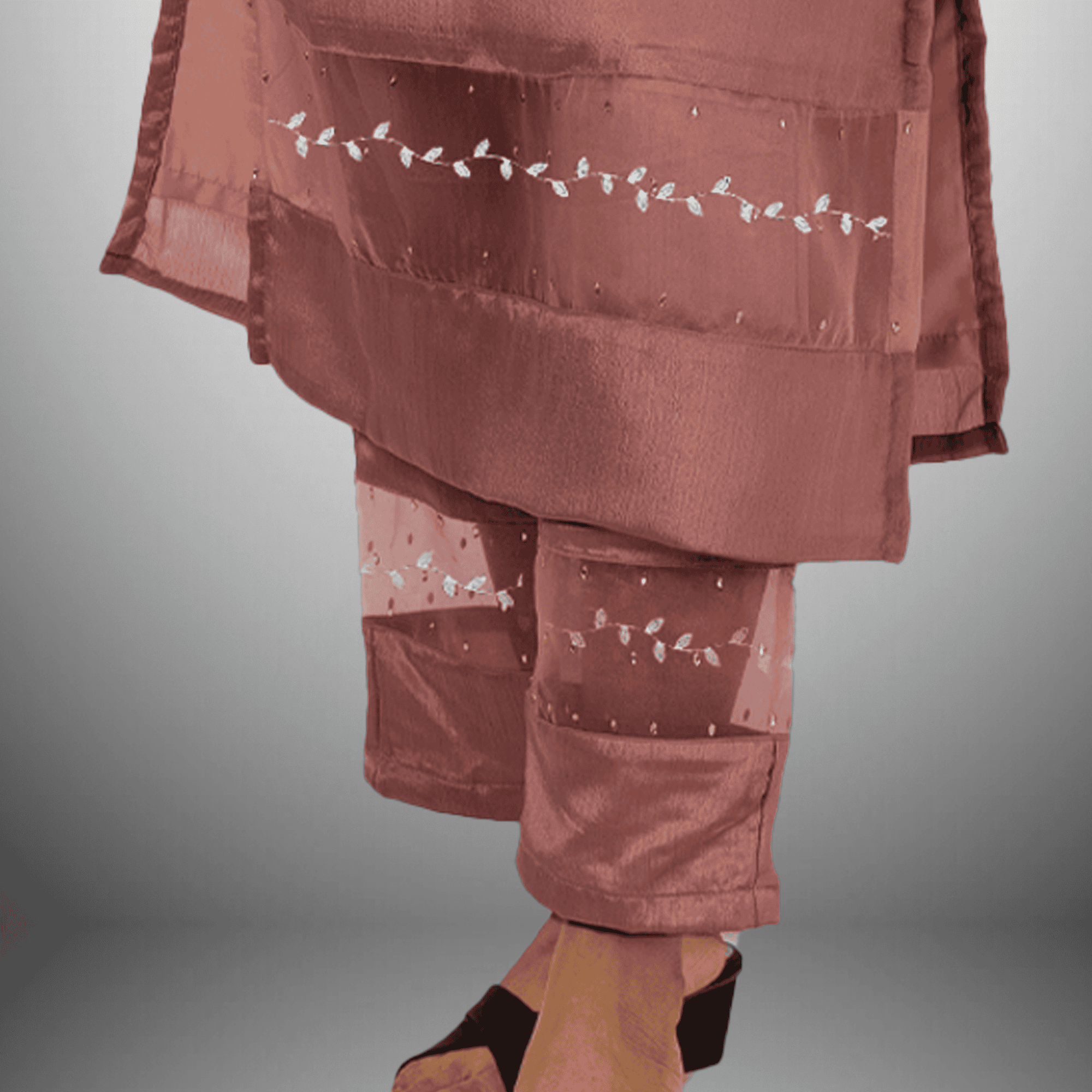 Women's  Light Mahogany Pearl neckline embellished kurti with Pant - RWKS105