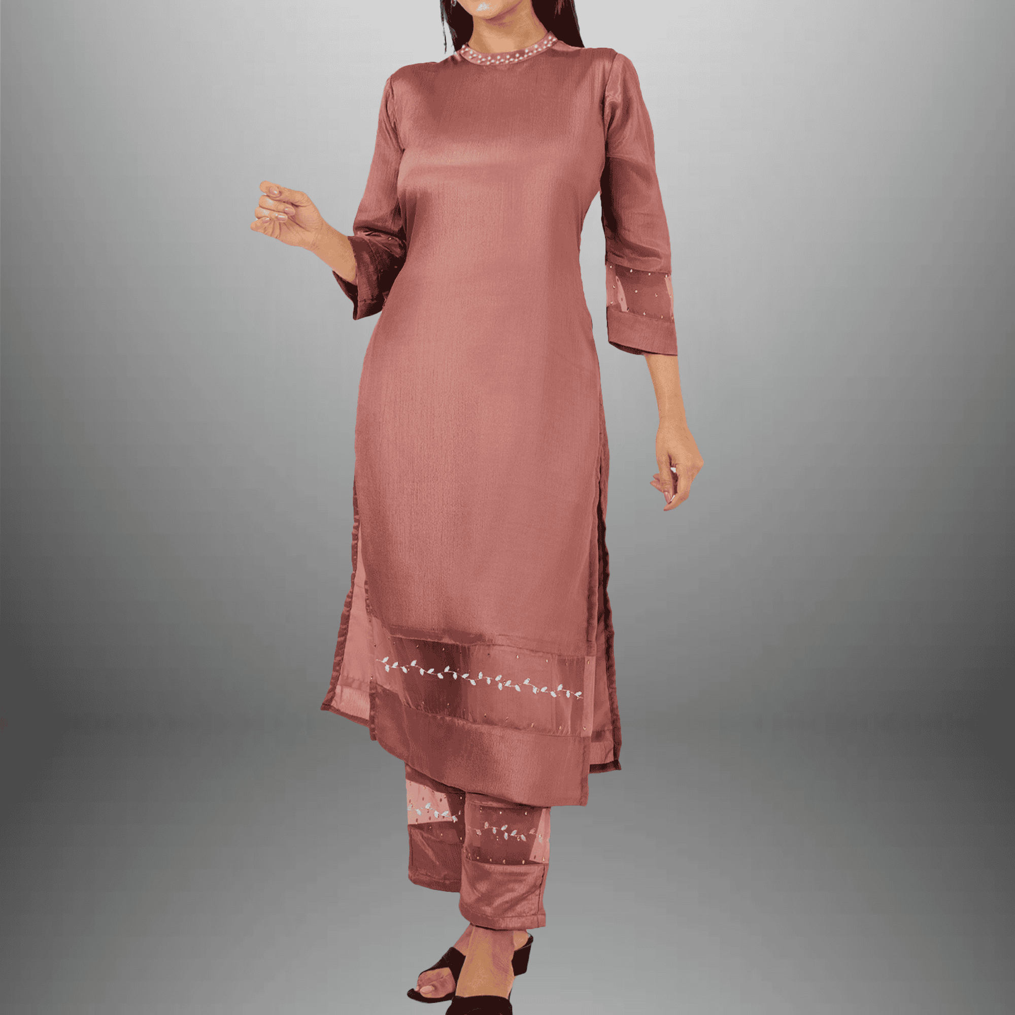 Women's  Light Mahogany Pearl neckline embellished kurti with Pant - RWKS105