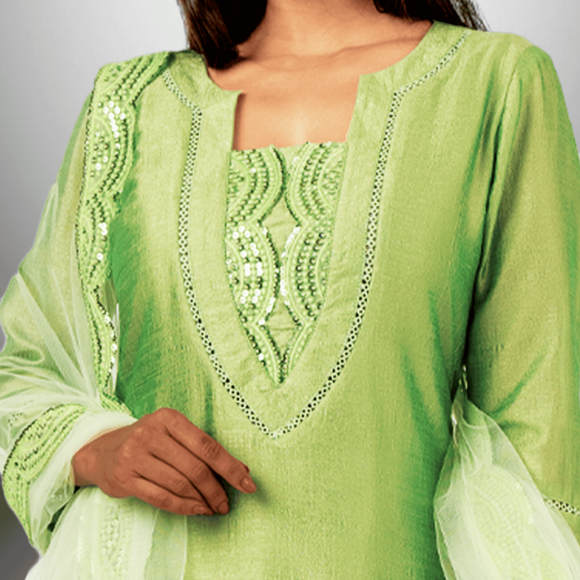Women's Parrot Green Cut and Sew Kurti With Neckline lace work with  Pant and Lace embellished Dupatta - RWKS103