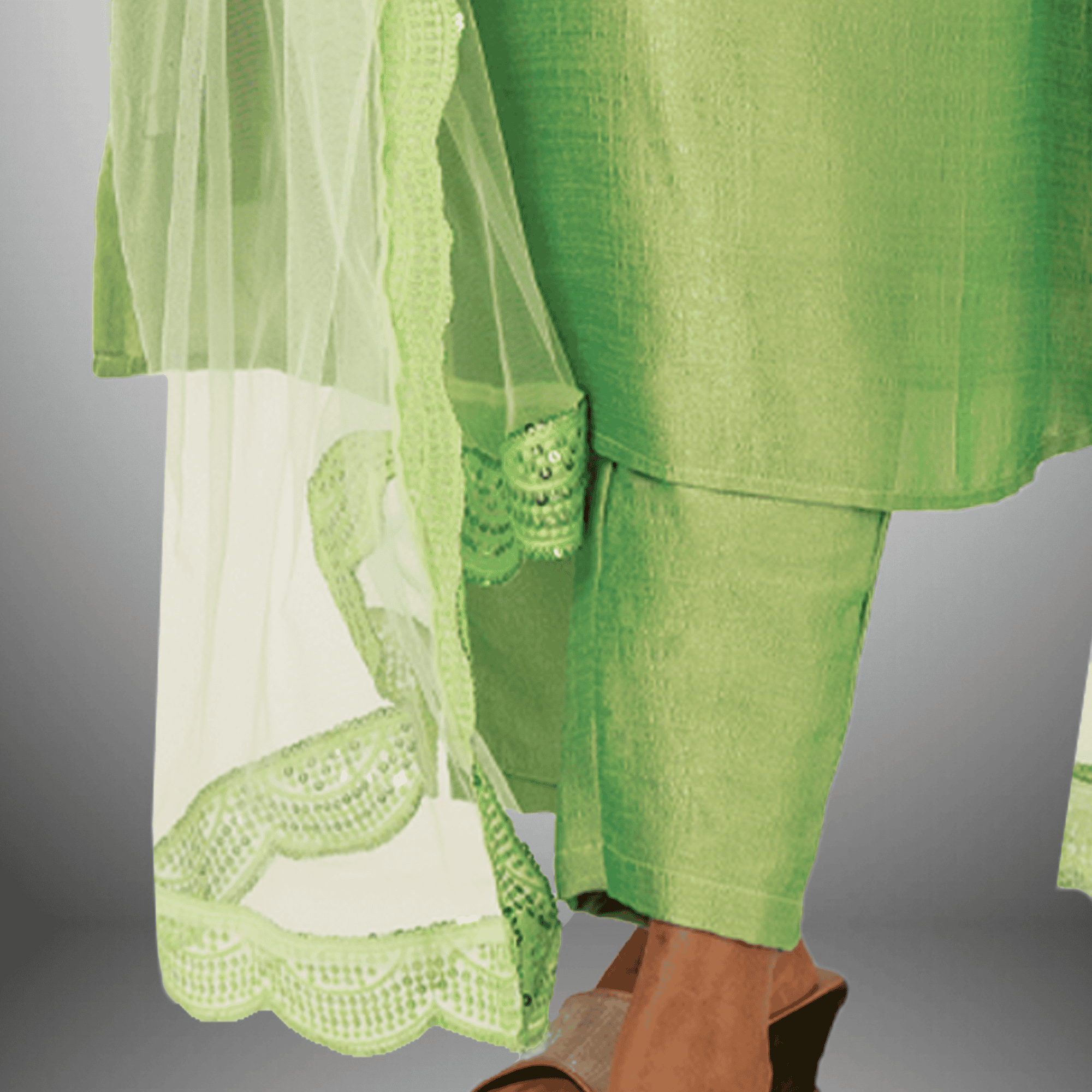 Women's Parrot Green Cut and Sew Kurti With Neckline lace work with  Pant and Lace embellished Dupatta - RWKS103