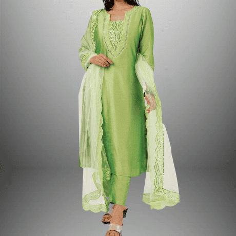Women's Parrot Green Cut and Sew Kurti With Neckline lace work with Pant and Lace embellished Dupatta - RWKS103