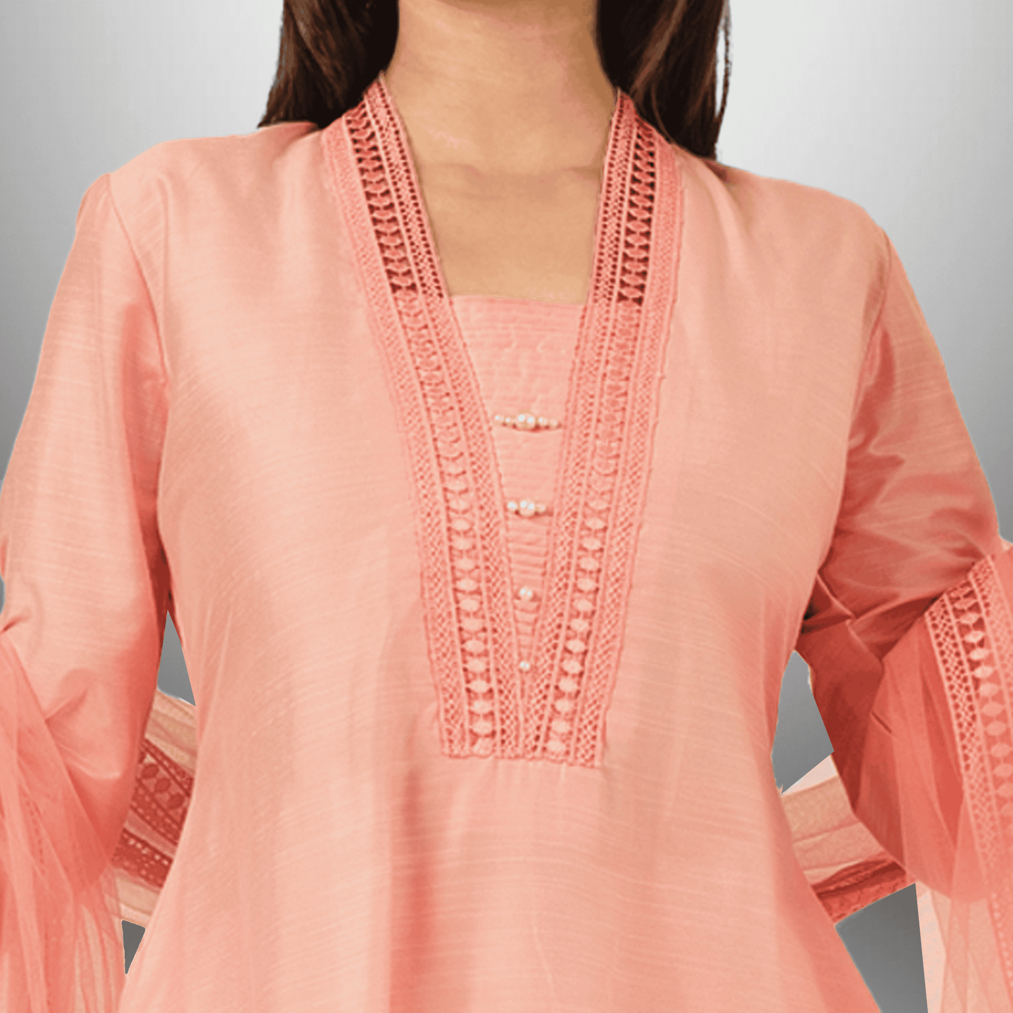 Women's Peach Pink Kurti with Lace and Pleated front Detailings with Same color pant and Lace Embellished Dupatta-RWKS097