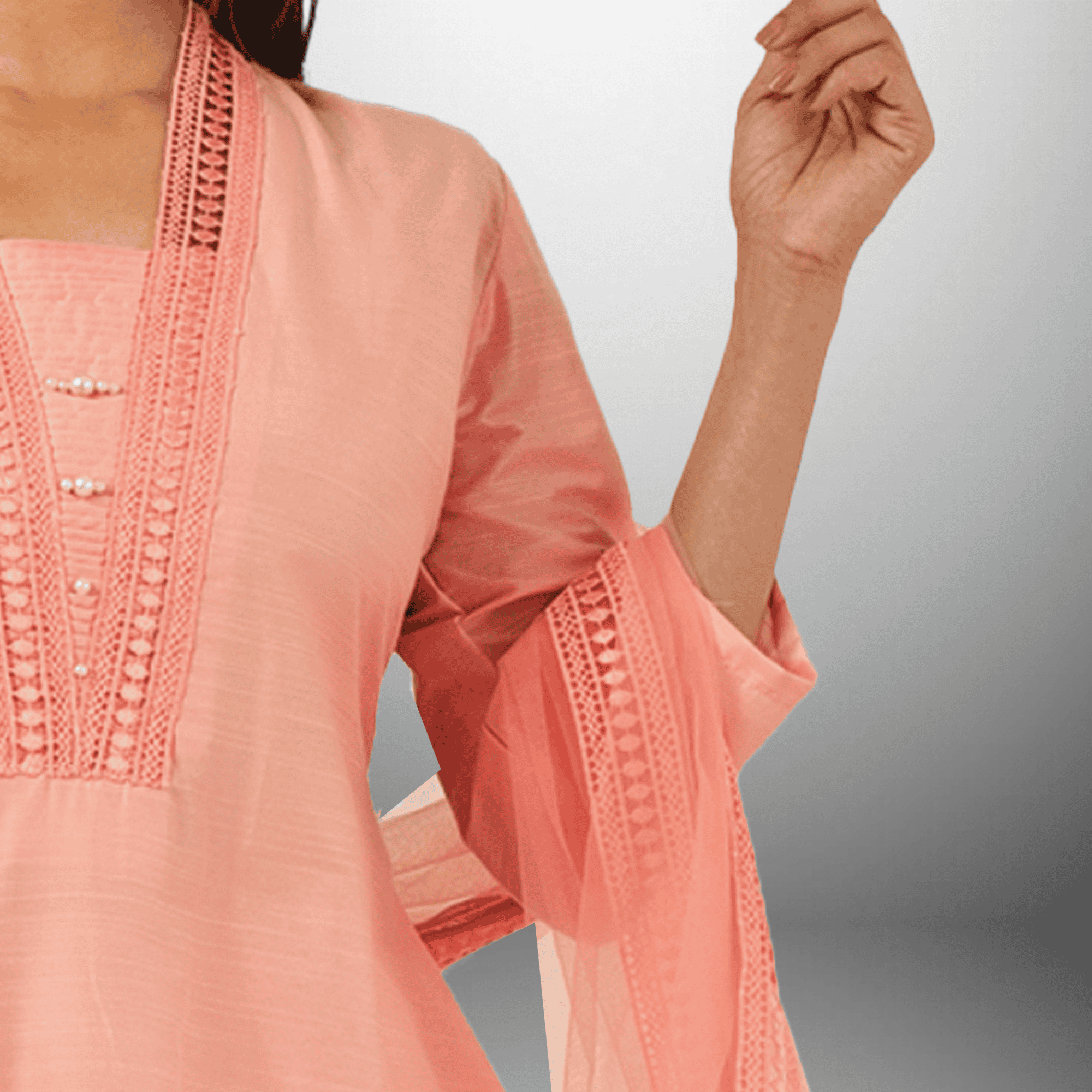 Women's Peach Pink Kurti with Lace and Pleated front Detailings with Same color pant and Lace Embellished Dupatta-RWKS097