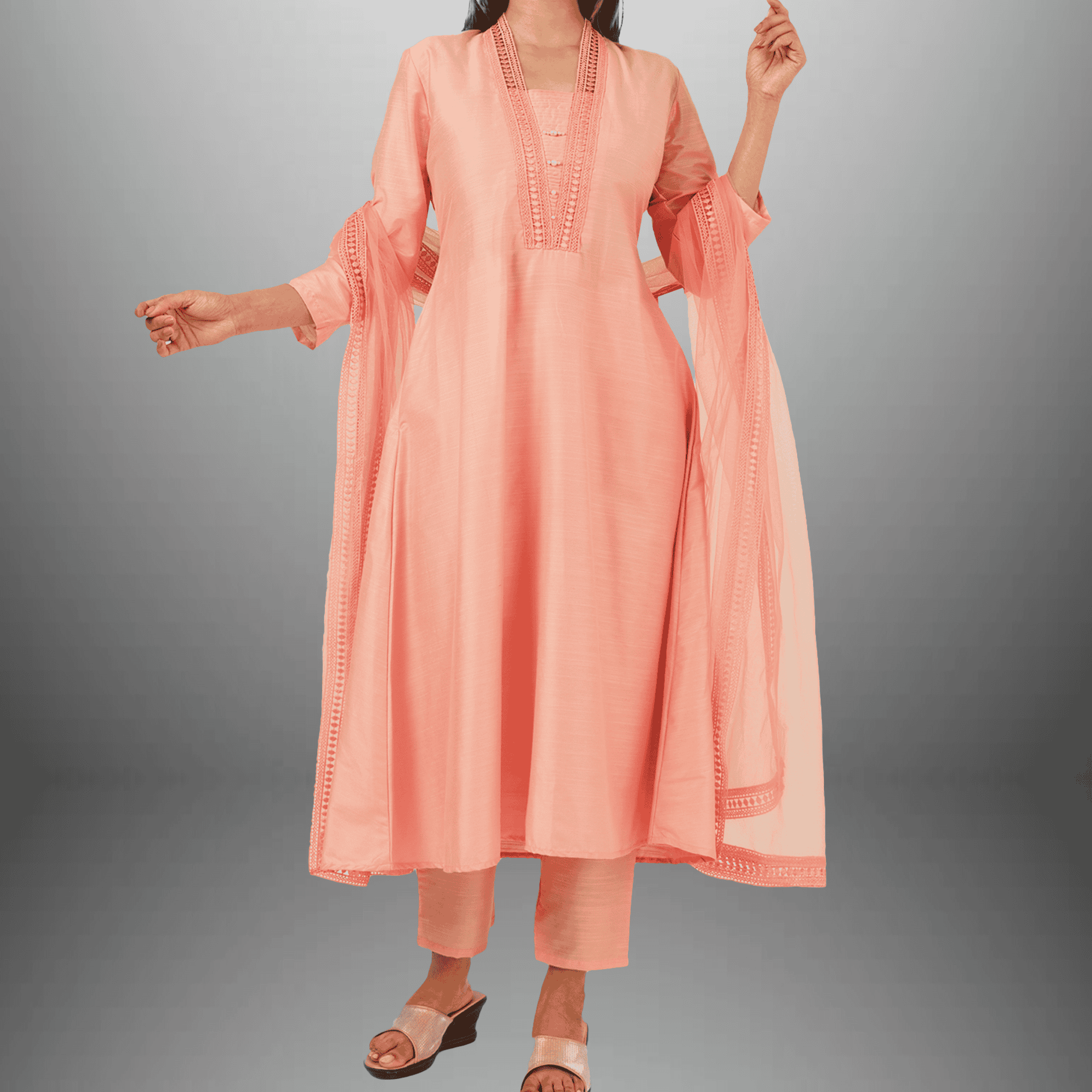Women's Peach Pink Kurti with Lace and Pleated front Detailings with Same color pant and Lace Embellished Dupatta-RWKS097