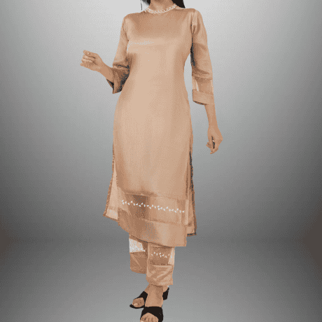 Women's Beige Pearl neckline embellished kurti with Pant -RWKS104