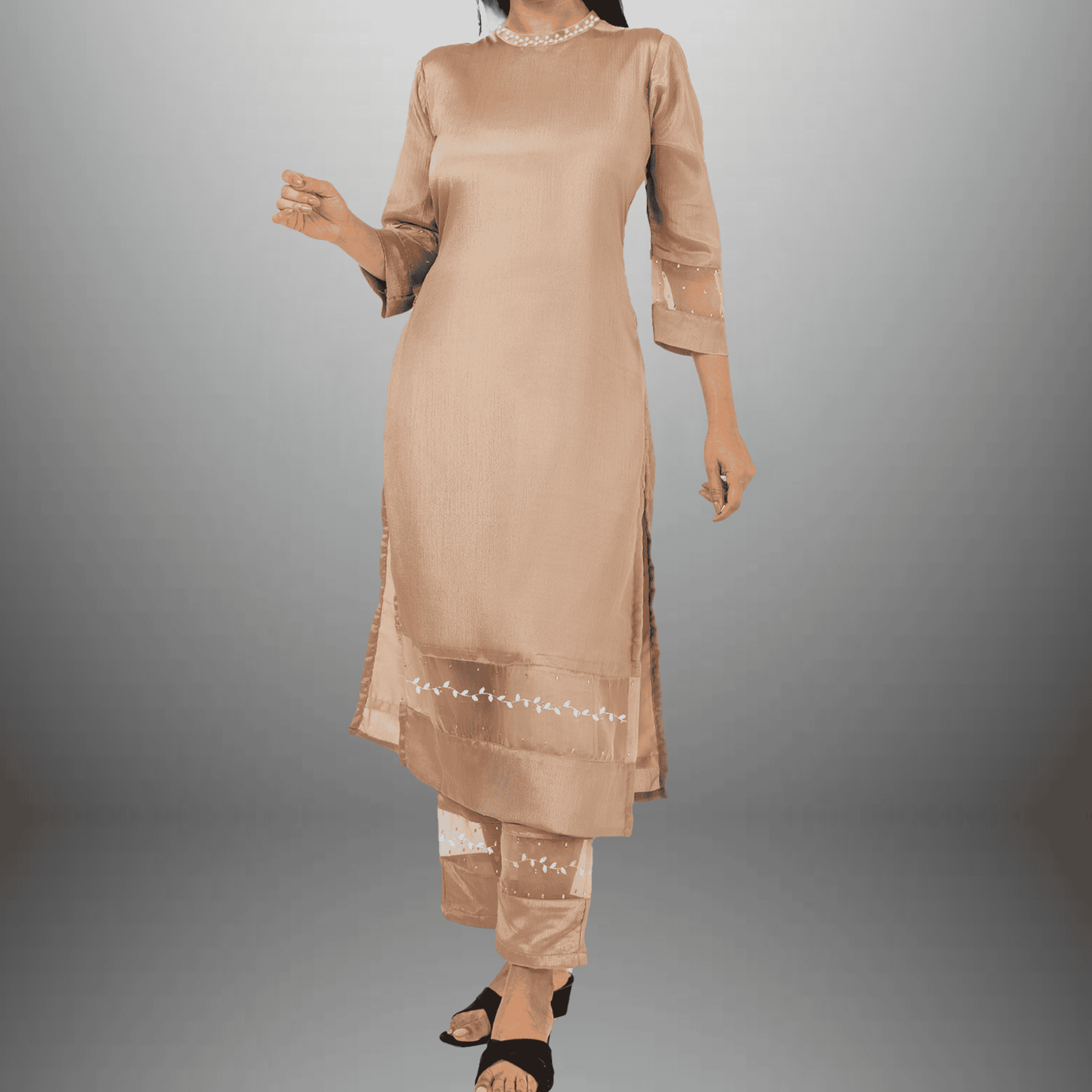 Women's Beige Pearl neckline embellished kurti with Pant -RWKS104